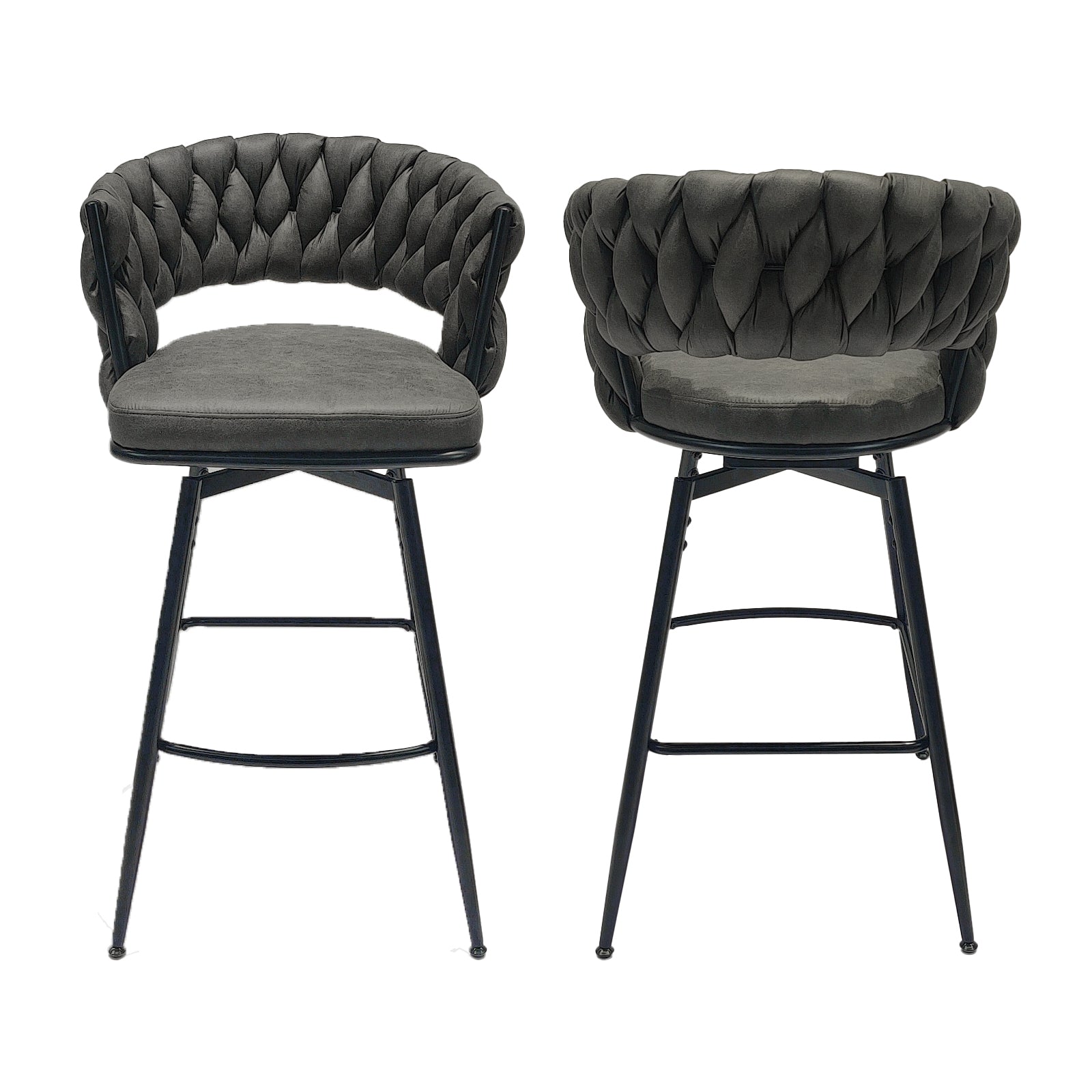 Technical Leather Woven Bar Stool Set Of 2,Black Legs Barstools No Adjustable Kitchen Island Chairs,360 Swivel Bar Stools Upholstered Counter Stool Arm Chairs With Back Footrest, Tan Metal Black Brown Kitchen Dining Chairs Foam Technical Leather