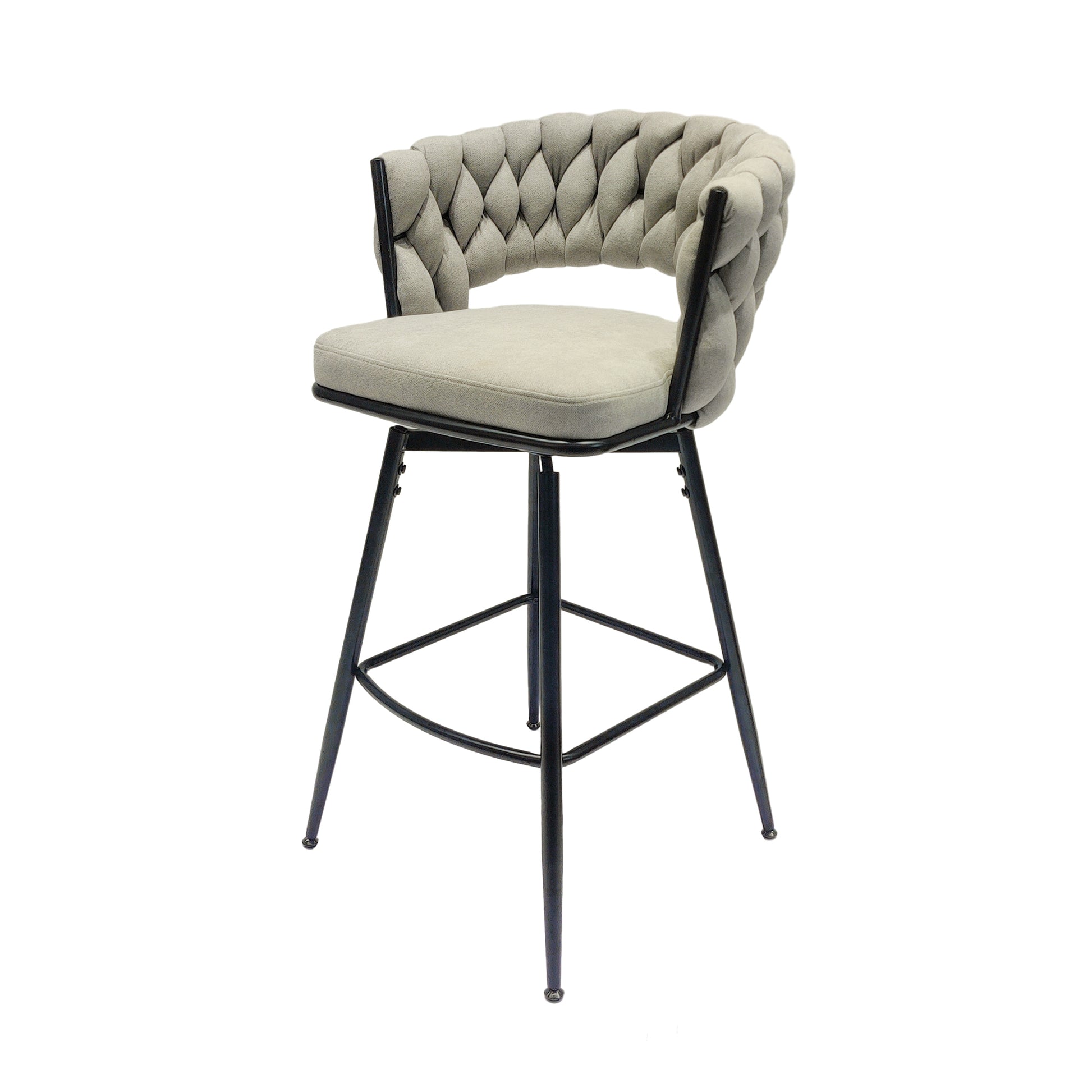 Bar Chair Linen Woven Bar Stool Set Of 2,Black Legs Barstools No Adjustable Kitchen Island Chairs,360 Swivel Bar Stools Upholstered Bar Chair Counter Stool Arm Chairs With Back Footrest, Grey Metal Grey Kitchen Dining Chairs Foam Linen