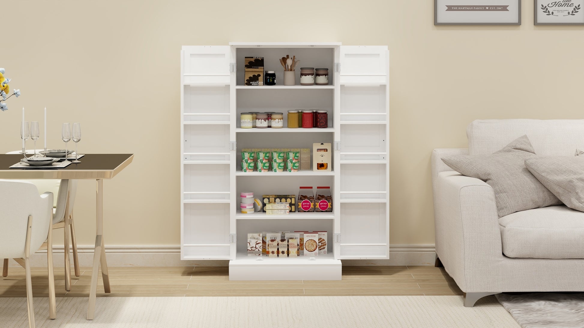 50" Led Kitchen Pantry Cabinet,Freestanding Buffet Cupboards Sideboard With 2 Doors With Racks And 2 Adjustable Shelves For Kitchen, Living Room And Dinning Room White White Mdf