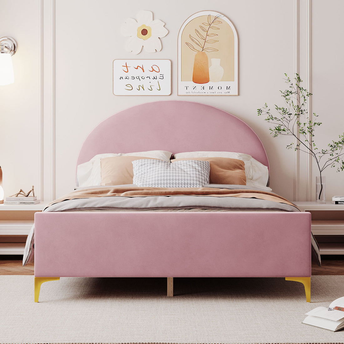 Full Size Upholstered Platform Bed With Classic Semi Circle Shaped Headboard And Mental Legs, Velvet, Pink Pink Velvet