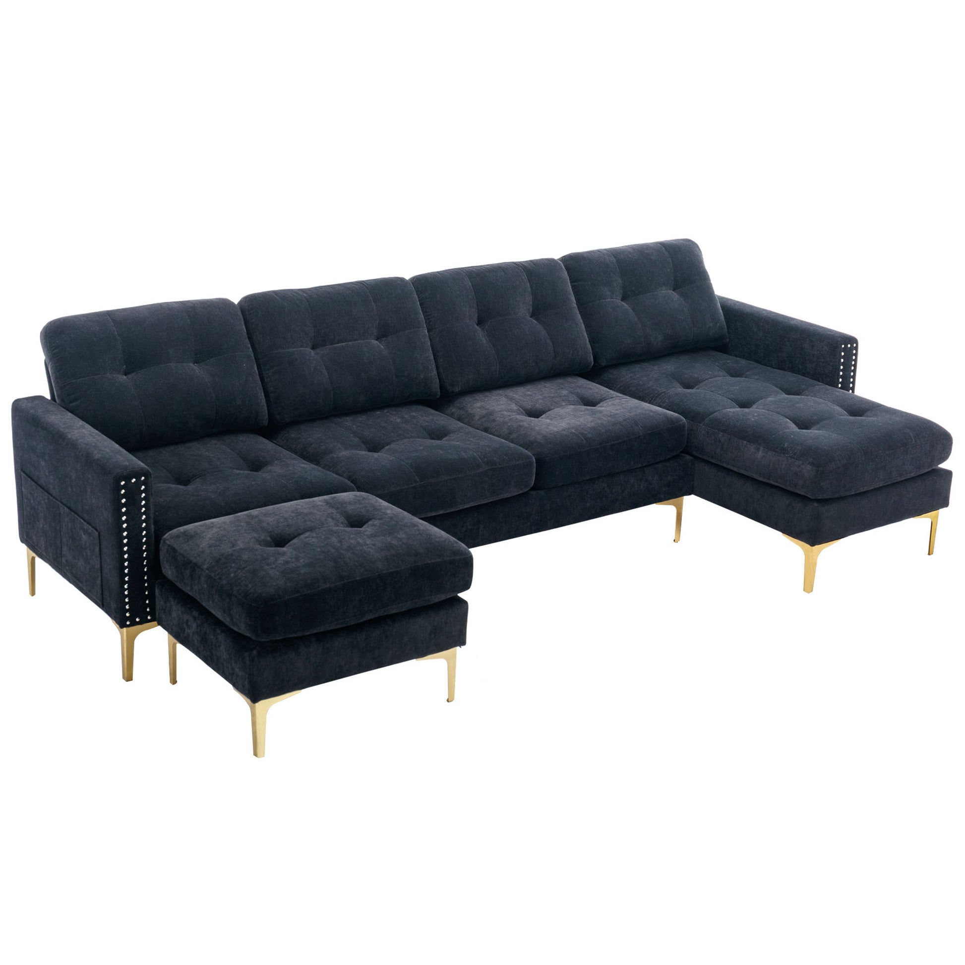 110" L Shape Convertible Sectional Sofa Couch With Movable Ottoman For Living Room, Apartment, Office, Black Black Foam Velvet 4 Seat