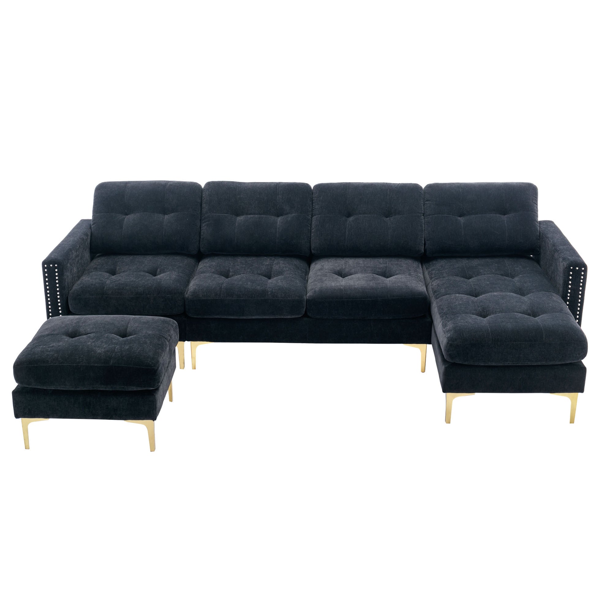 110" L Shape Convertible Sectional Sofa Couch With Movable Ottoman For Living Room, Apartment, Office, Black Black Foam Velvet 4 Seat