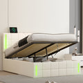 Full Size Upholstered Bed With Led Lights,Hydraulic Storage System And Usb Charging Station,White White Pu