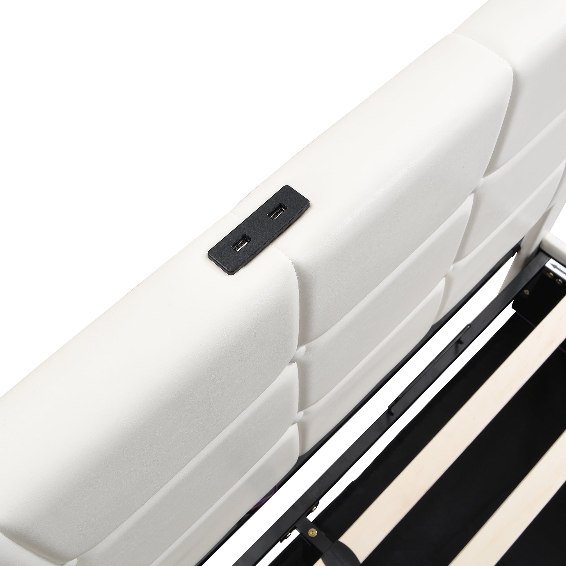 Queen Size Upholstered Bed With Led Lights,Hydraulic Storage System And Usb Charging Station,White White Pu