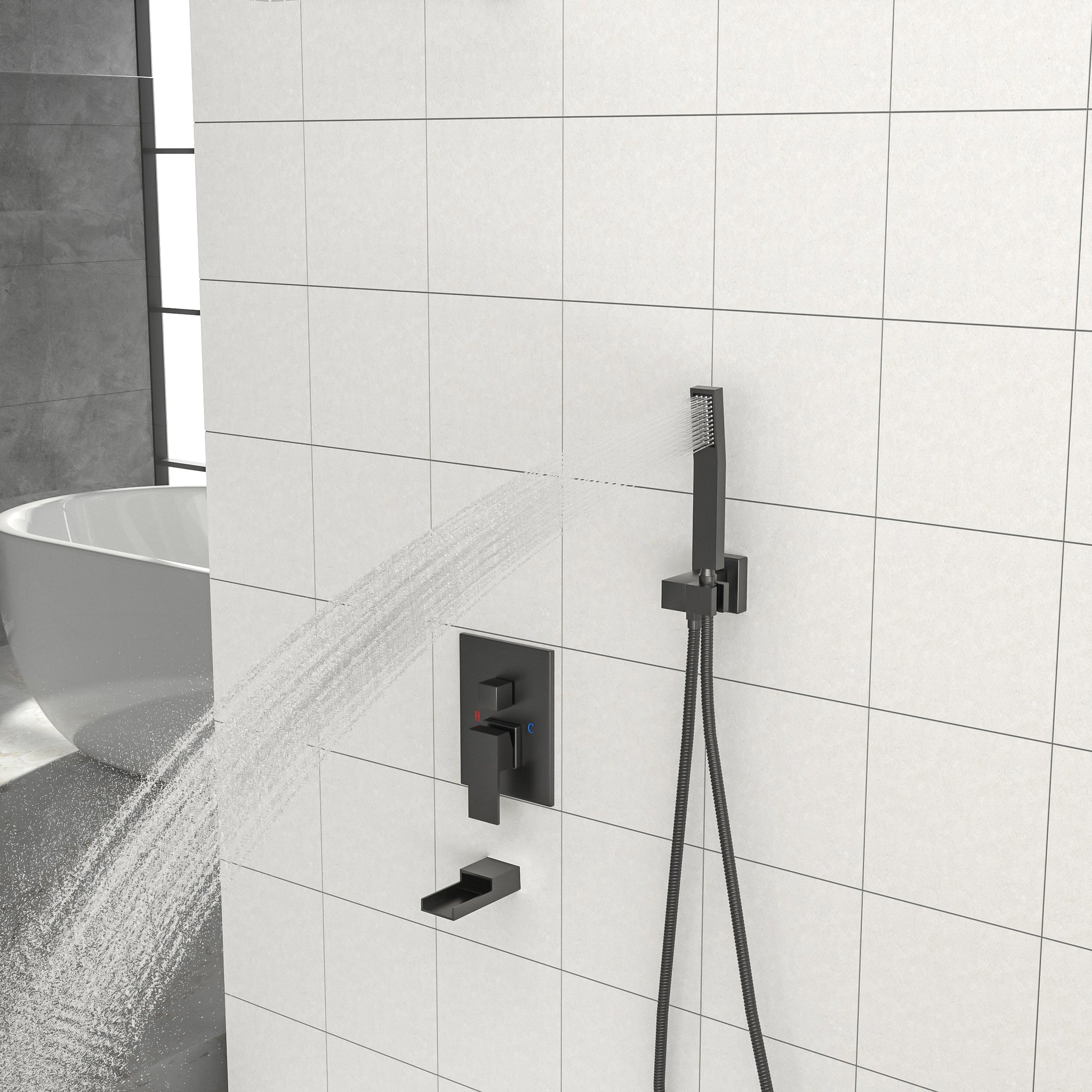 Shower System with Waterfall Tub Spout,16 Inch Ceiling matte black-stainless steel