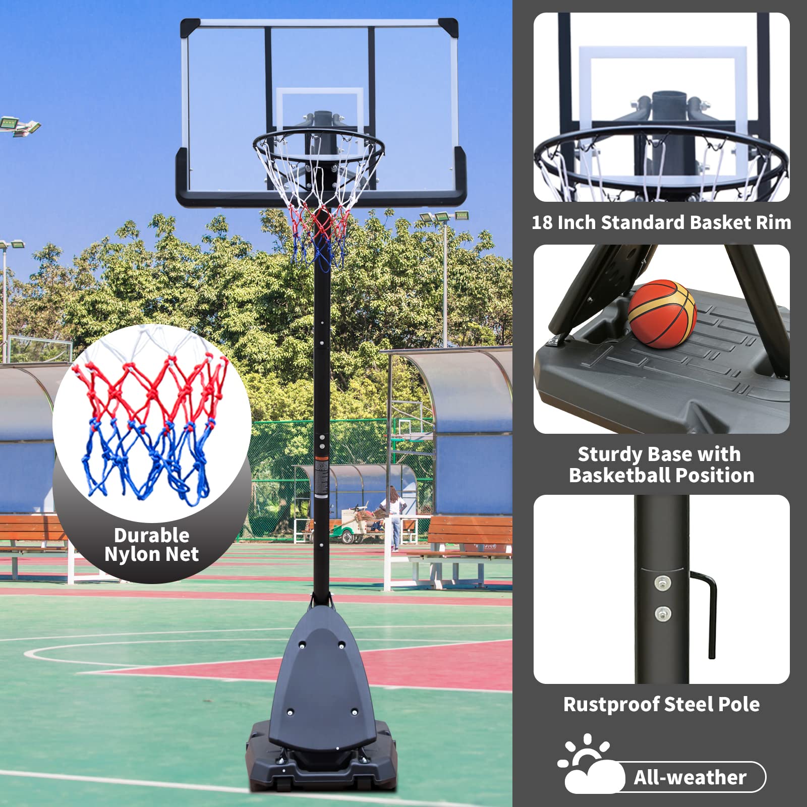 Height Adjustable 7 To 10Ft Basketball Hoop 44 Inch Backboard Portable Basketball Goal System With Stable Base And Wheels, Use For Outdoor Balls Sports Black Gray Portable Garden & Outdoor Training Support Iron