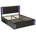 Queen Size Upholstered Bed With Led Lights,Hydraulic Storage System And Usb Charging Station,Black Black Pu