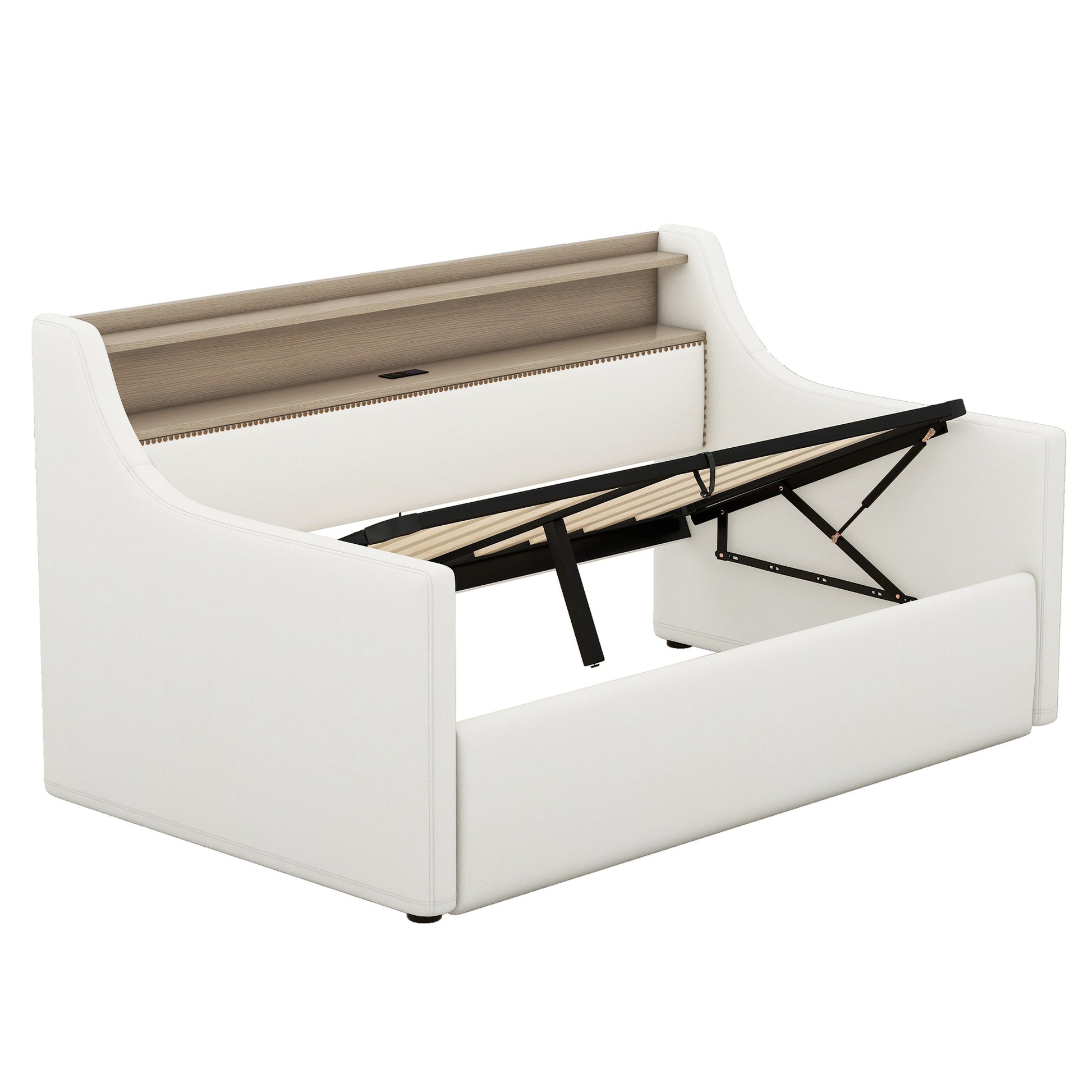 Twin Size Daybed With Hydraulic Storage, Upholstered Daybed With Lift Up Storage, Twin Leather Daybed With Charging Station And Led Lights,White Expect Arrival Date Feb.13Rd Twin White Pu Leather