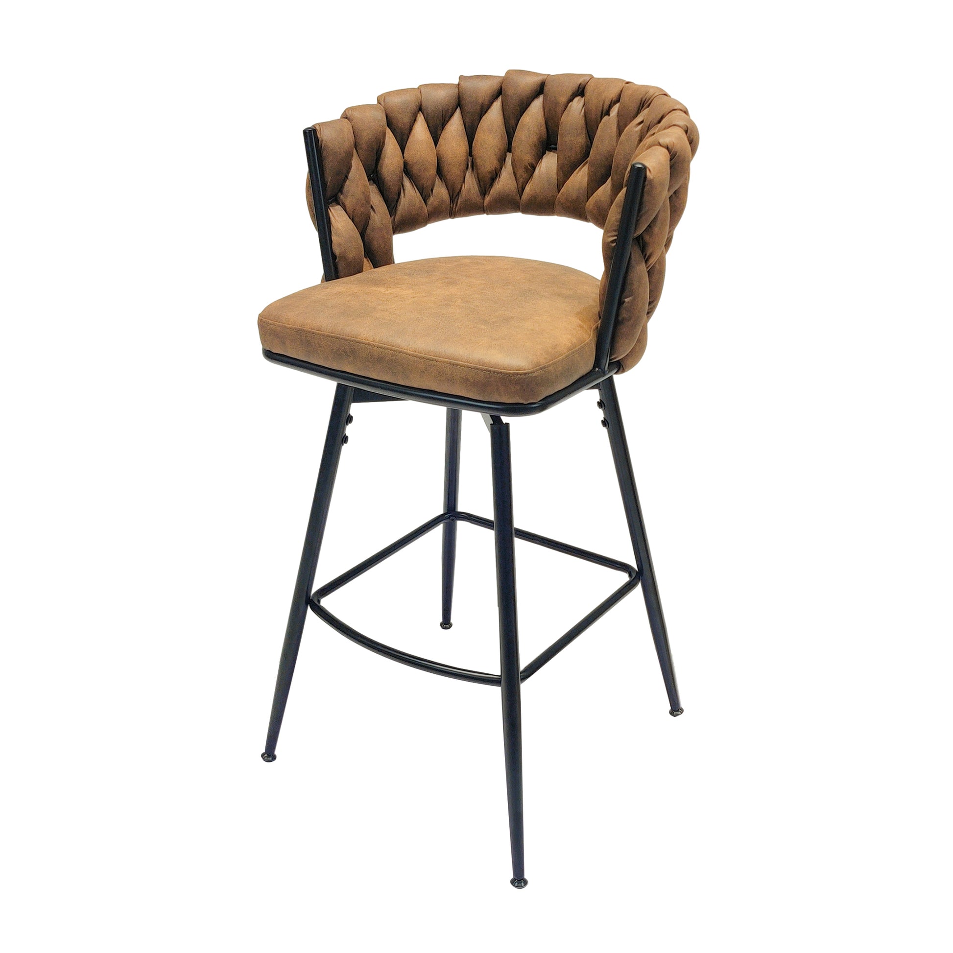 Technical Leather Woven Bar Stool Set Of 4,Black Legs Barstools No Adjustable Kitchen Island Chairs,360 Swivel Bar Stools Upholstered Bar Chair Counter Stool Arm Chairs With Back Footrest, Brown Metal Brown Kitchen Dining Chairs Foam Technical Leather