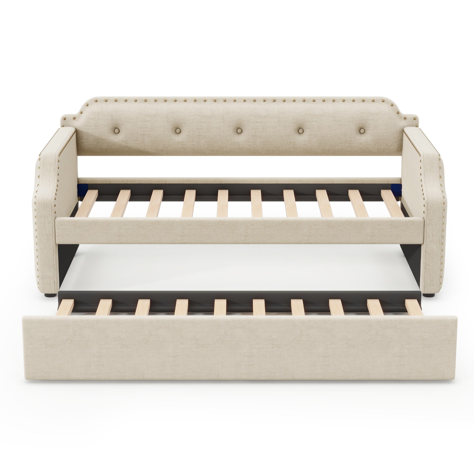 Upholstered Daybed with Trundle, Wood Slat box spring not