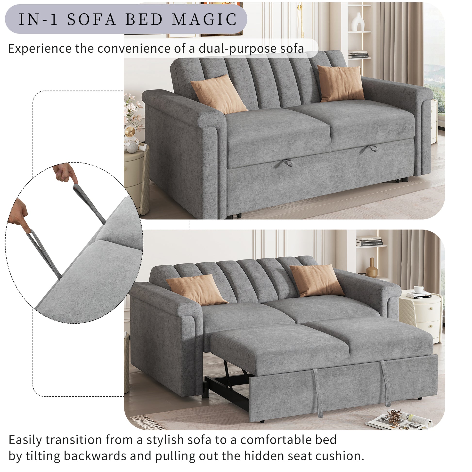 Convertible Soft Cushion Sofa Pull Bed ,For Two People To Sit On Gray Polyester