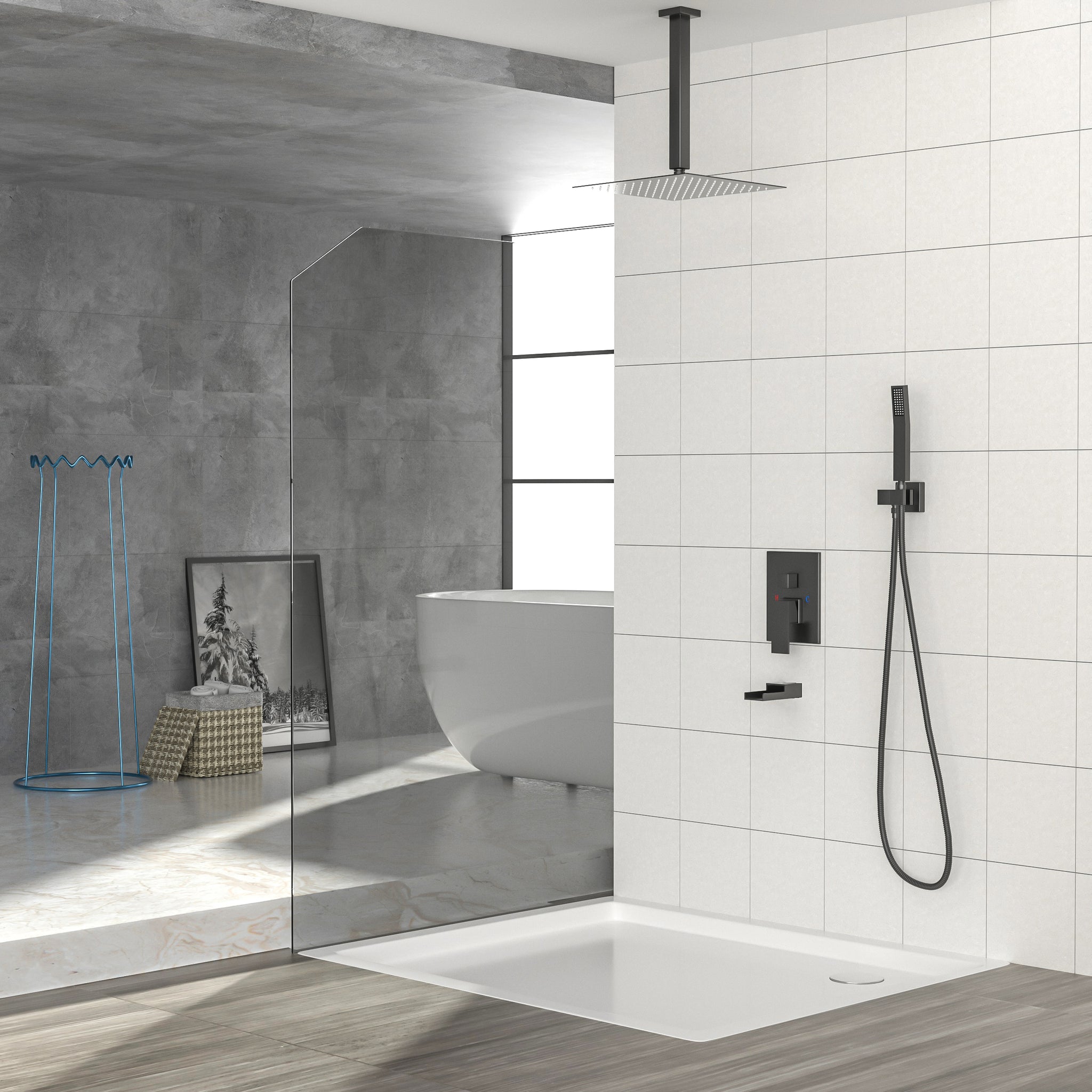 Shower System with Waterfall Tub Spout,16 Inch Ceiling matte black-stainless steel