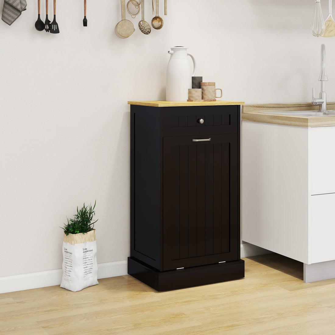 One Drawers And One Compartment Tilt Out Trash Cabinet Kitchen Trash Cabinet Black Black Mdf