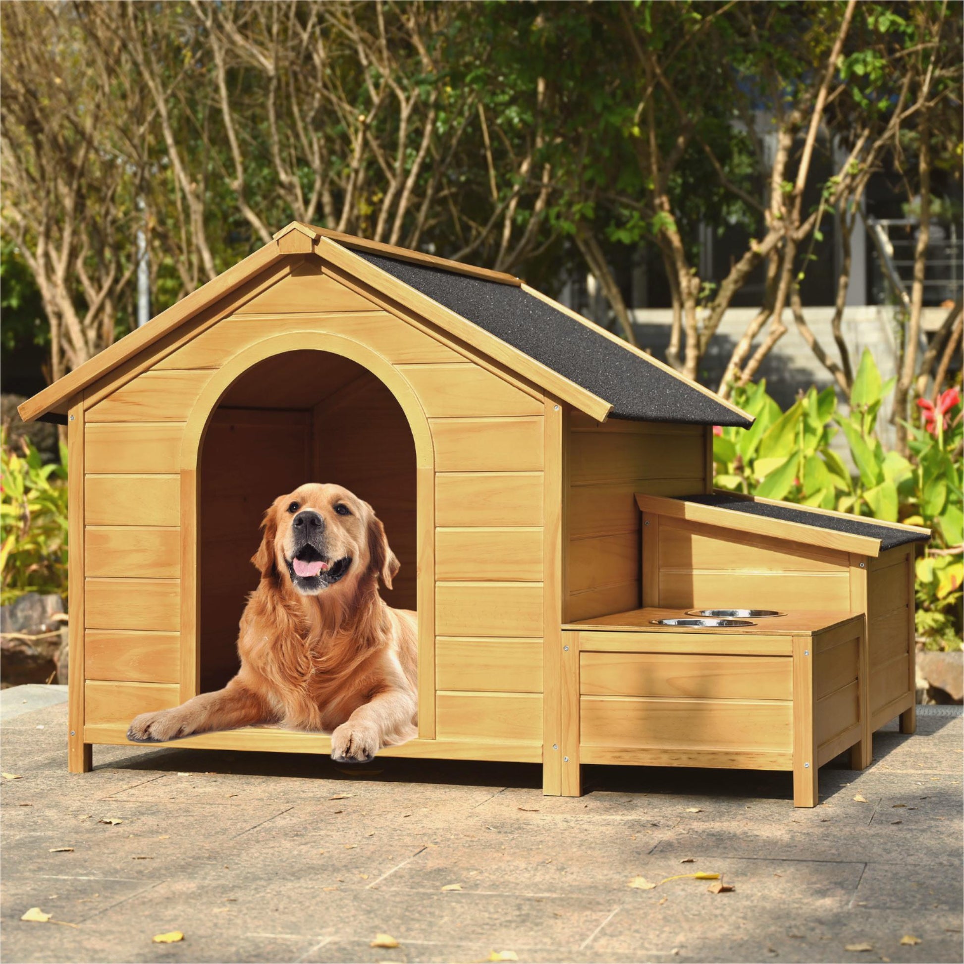 51.18" L X 43.7" W X 37" H Large Size Wooden Dog House, Dog Crate For Large Dog Breeds, Cabin Style Raised Dog Shelter With Asphalt Roof, Solid Wood, Weatherproof, Nature Natural Wood Outdoor Kennel Large 41 70 Lbs Pine