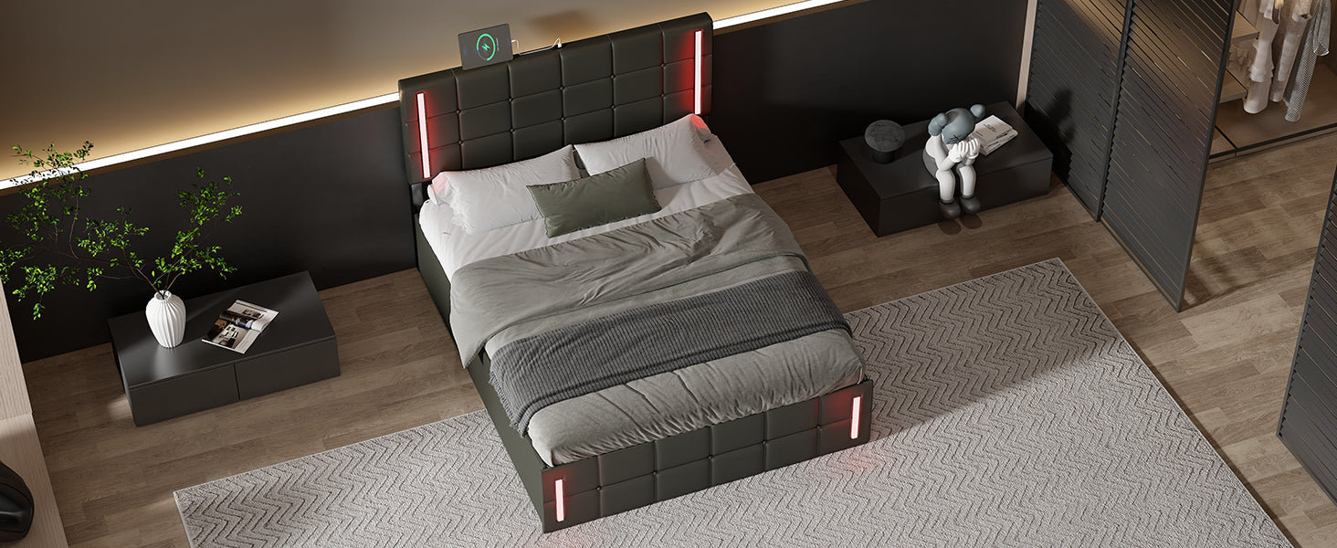 Full Size Upholstered Bed With Led Lights,Hydraulic Storage System And Usb Charging Station,Black Black Pu