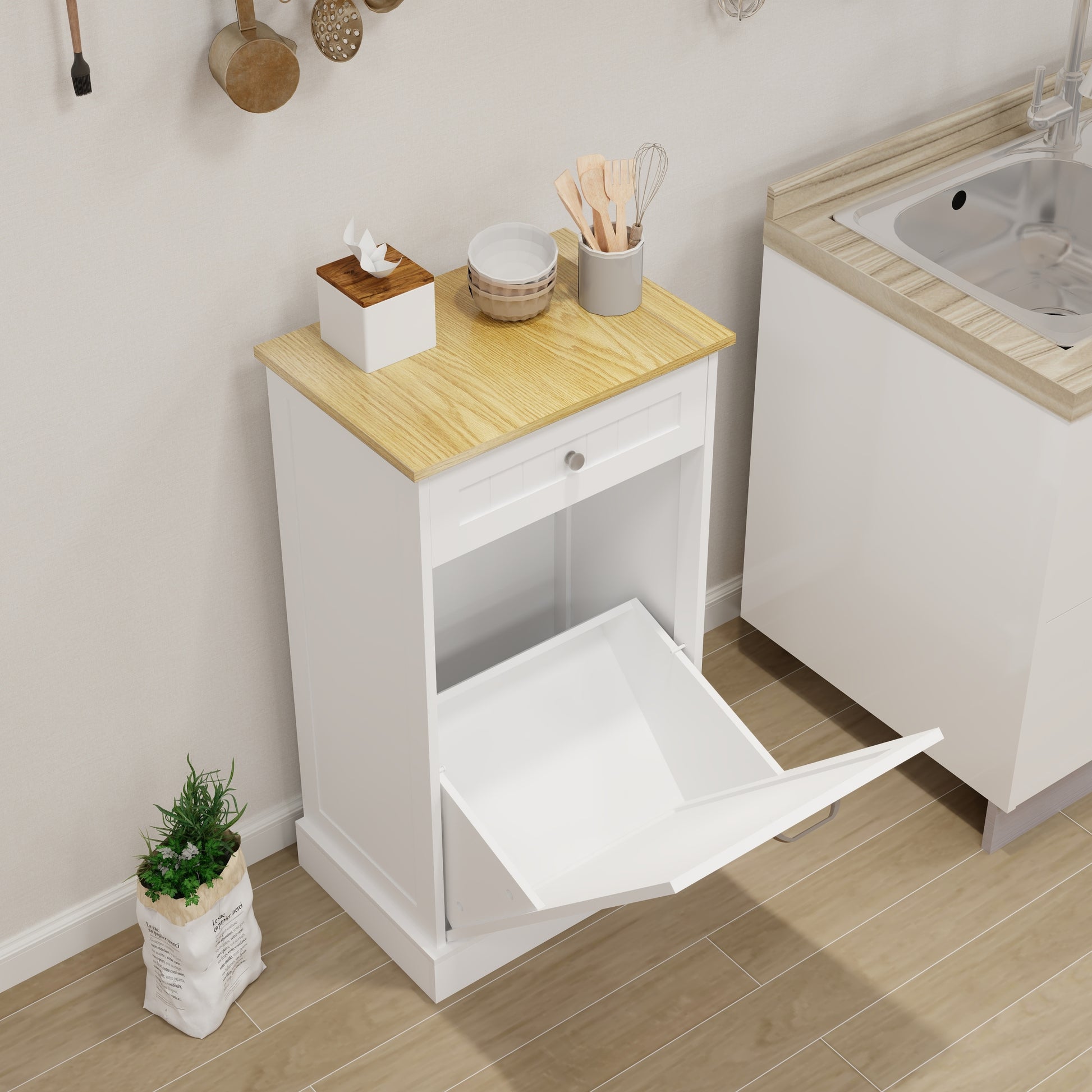 One Drawers And One Compartment Tilt Out Trash Cabinet Kitchen Trash Cabinet White White Mdf