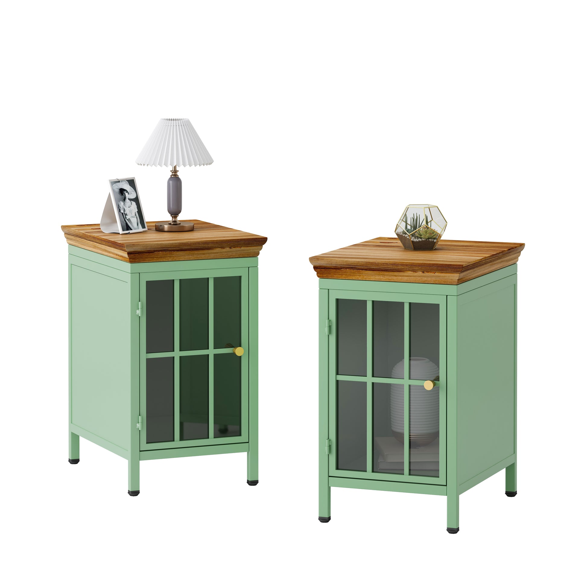 Nightstand with Storage Cabinet & Solid Wood Tabletop green-iron