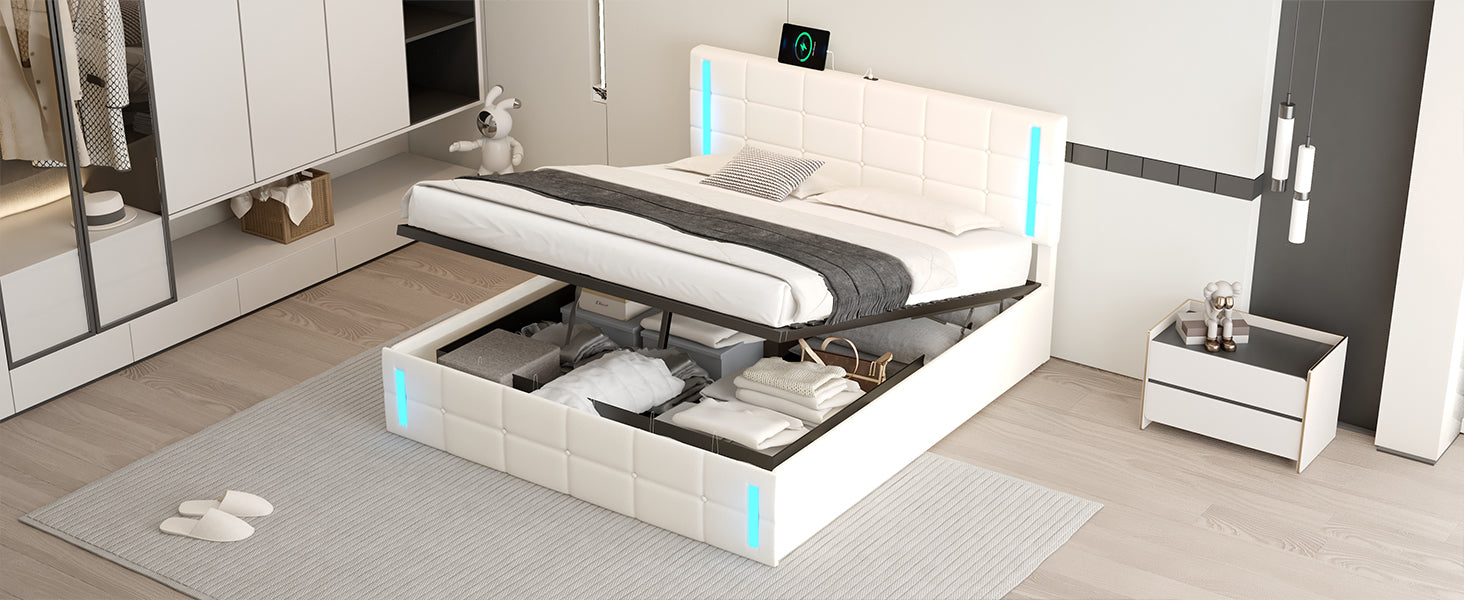 Queen Size Upholstered Bed With Led Lights,Hydraulic Storage System And Usb Charging Station,White White Pu
