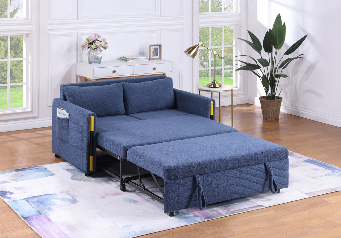 Percy 55.5" Navy Teddy Velvet Sleeper Loveseat With Side Pockets Navy Fabric