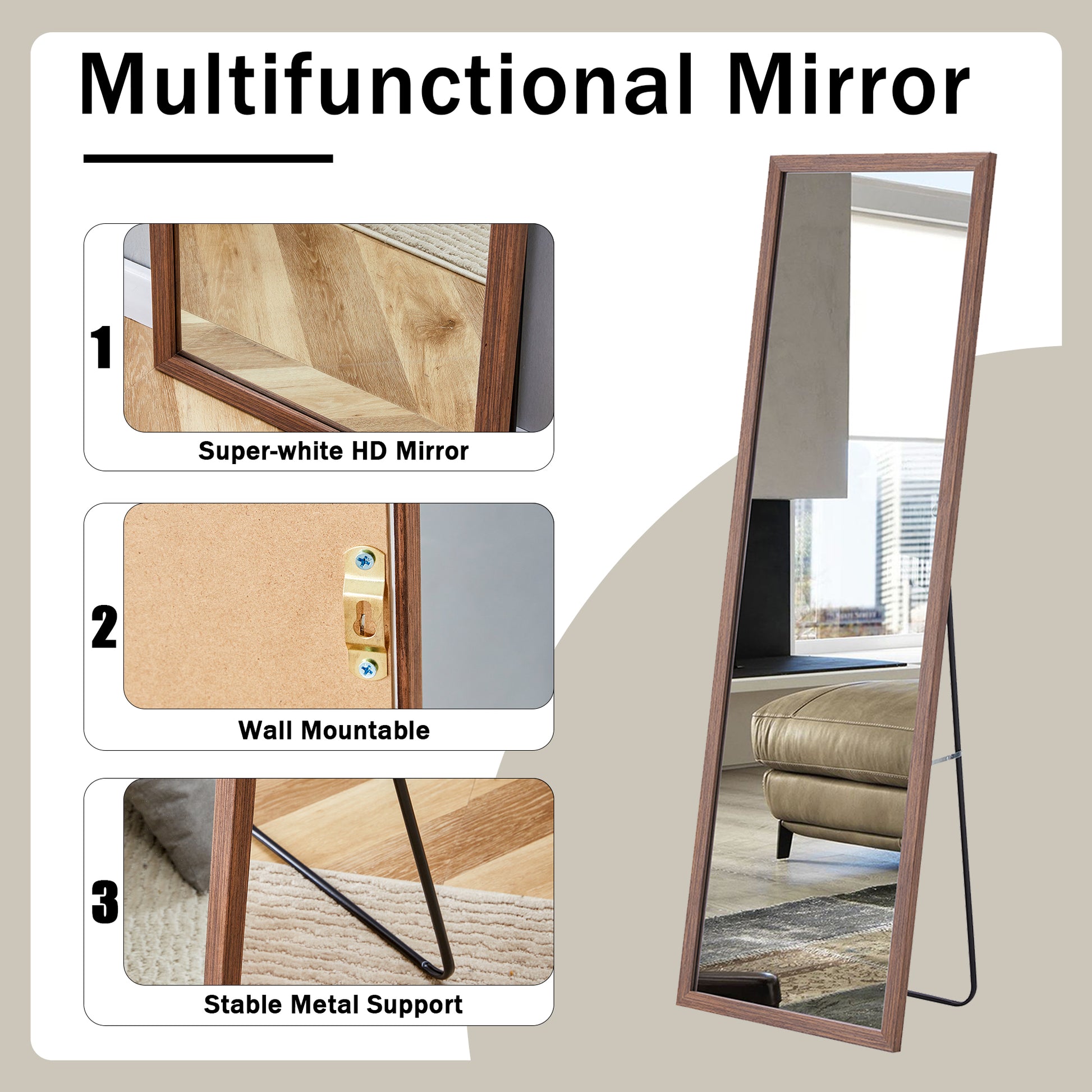 Third Generation Packaging Upgrade, Thickened Border, Brown Wood Grain Solid Wood Frame Full Length Mirror, Dressing Mirror, Bedroom Entrance, Decorative Mirror, And Floor Standing Mirror. 57.9"*18.1" Brown Solid Wood