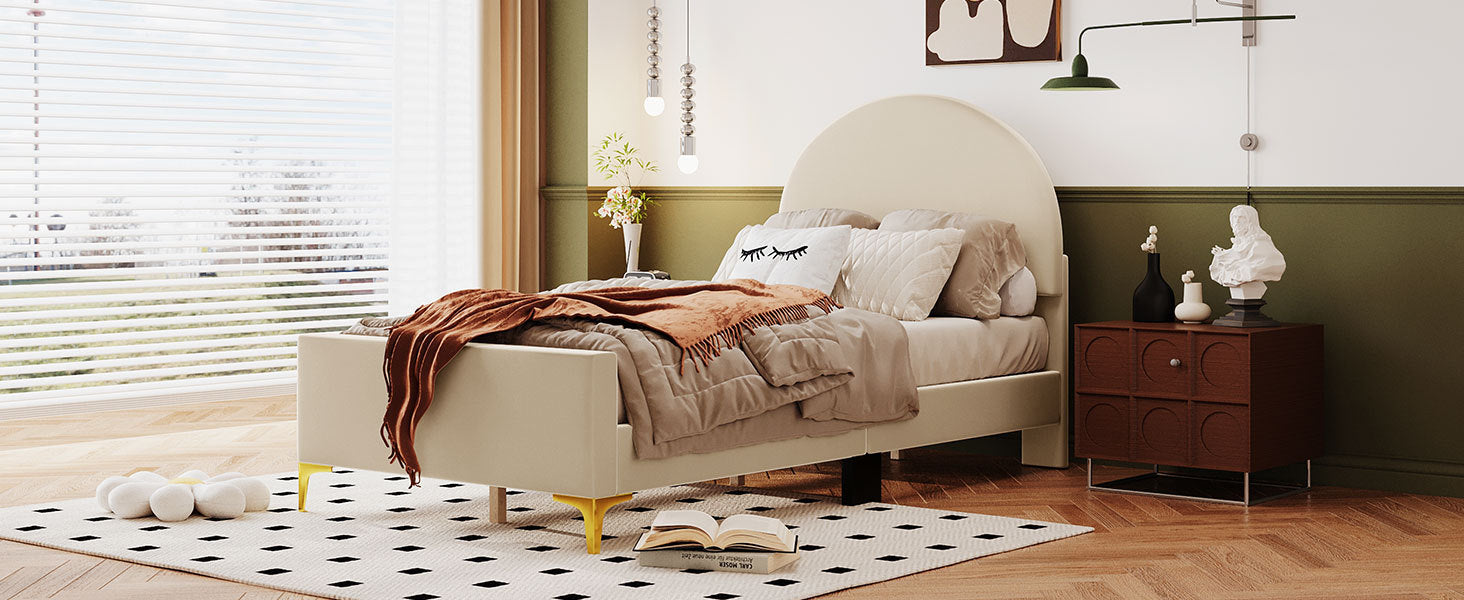 Twin Size Upholstered Platform Bed with Classic Semi beige-velvet