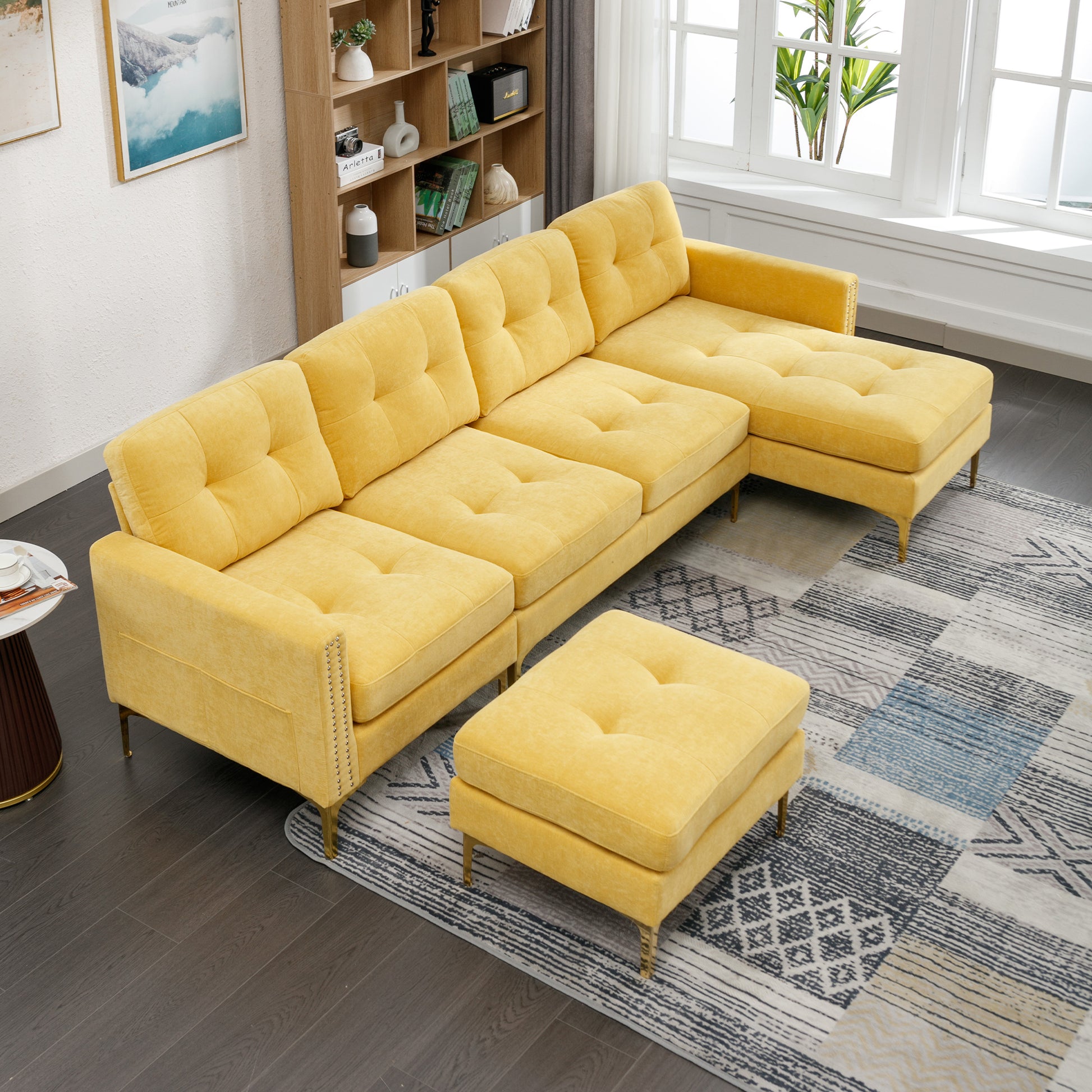 110" L Shape Convertible Sectional Sofa Couch With Movable Ottoman For Living Room, Apartment, Office, Yellow Yellow Foam Velvet 4 Seat