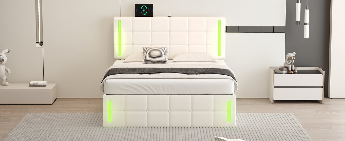 Full Size Upholstered Bed With Led Lights,Hydraulic Storage System And Usb Charging Station,White White Pu