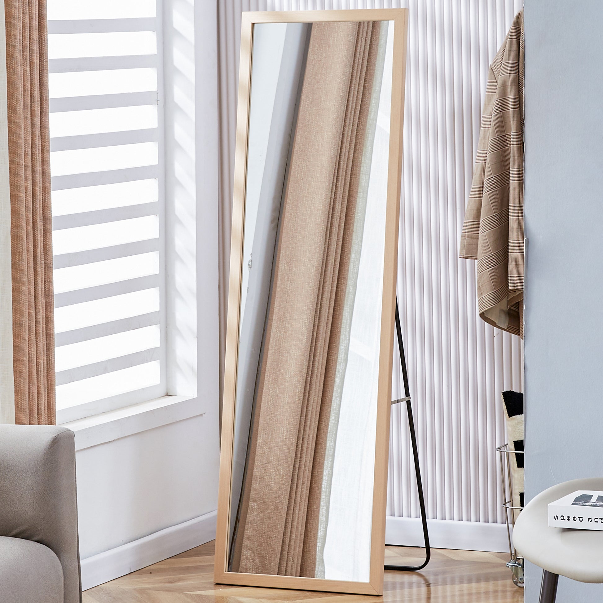 Third Generation Packaging Upgrade, Thickened Border, Full Length Mirror, Dressing Mirror, Bedroom Entrance, Decorative Mirror, Clothing Store, Mirror. 57.9"*18.1" Light Oak Solid Wood