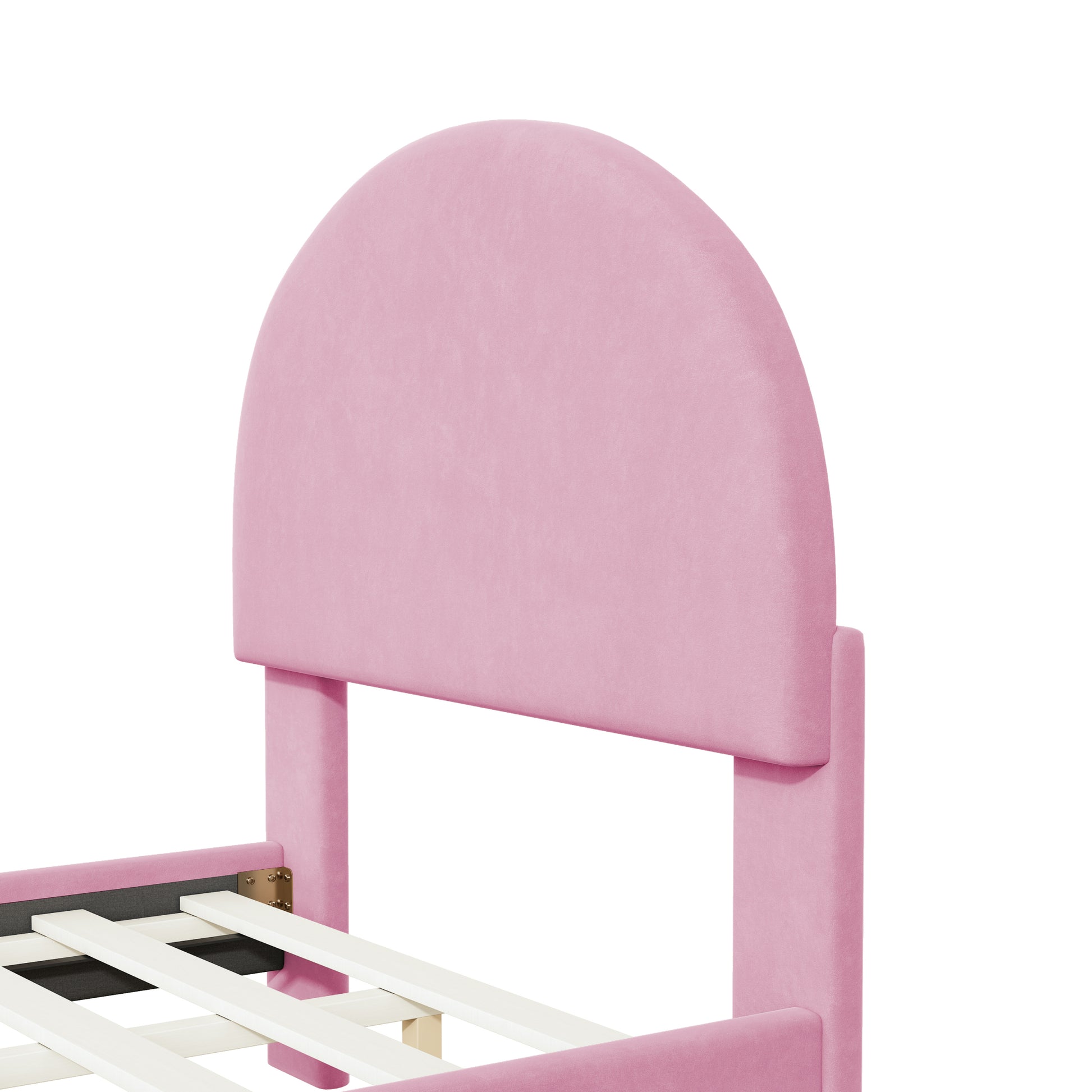 Twin Size Upholstered Platform Bed With Classic Semi Circle Shaped Headboard And Mental Legs, Velvet, Pink Pink Velvet