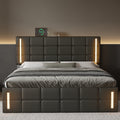 Queen Size Upholstered Bed With Led Lights,Hydraulic Storage System And Usb Charging Station,Black Black Pu
