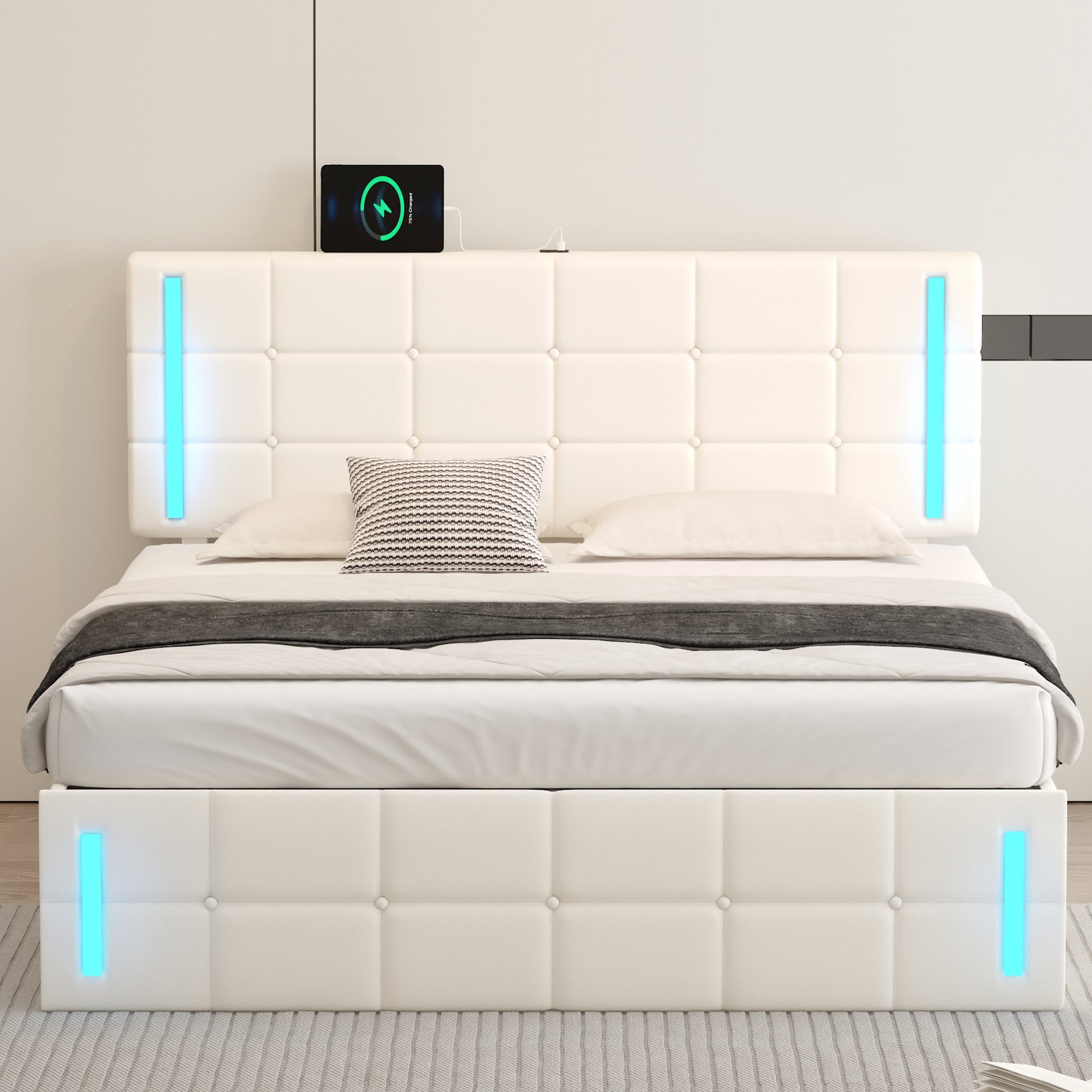Queen Size Upholstered Bed With Led Lights,Hydraulic Storage System And Usb Charging Station,White White Pu