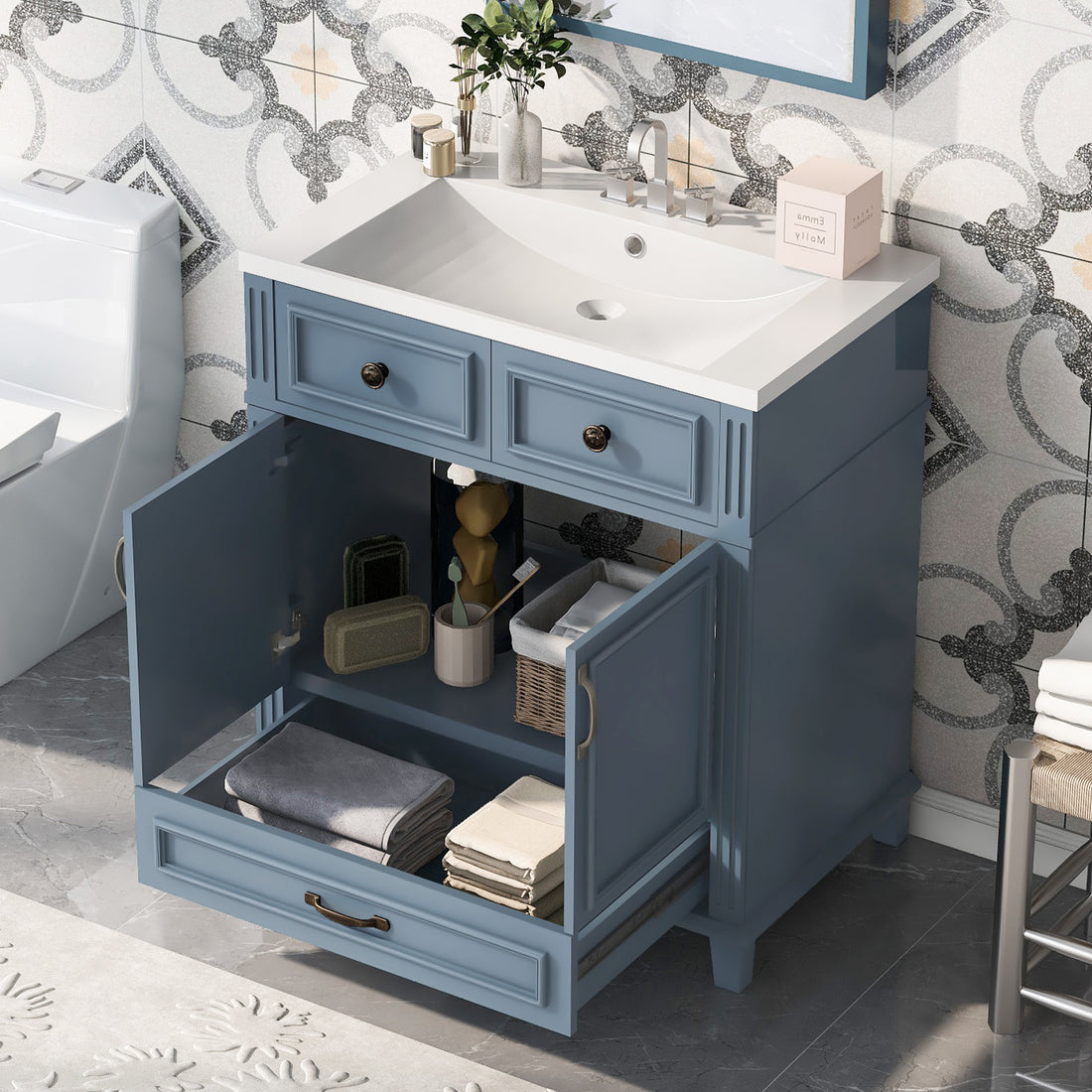 30'' Bathroom Vanity with Resin Sink,Solid Wood Frame 1-blue-2-soft close