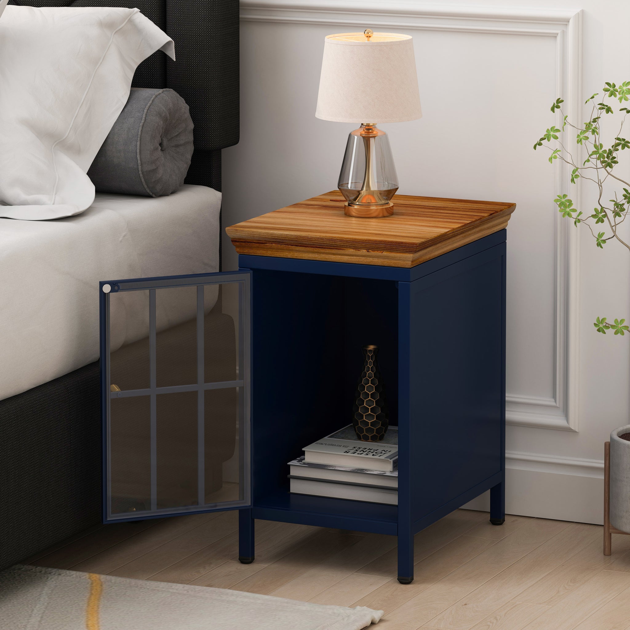 Nightstand with Storage Cabinet & Solid Wood Tabletop blue-iron