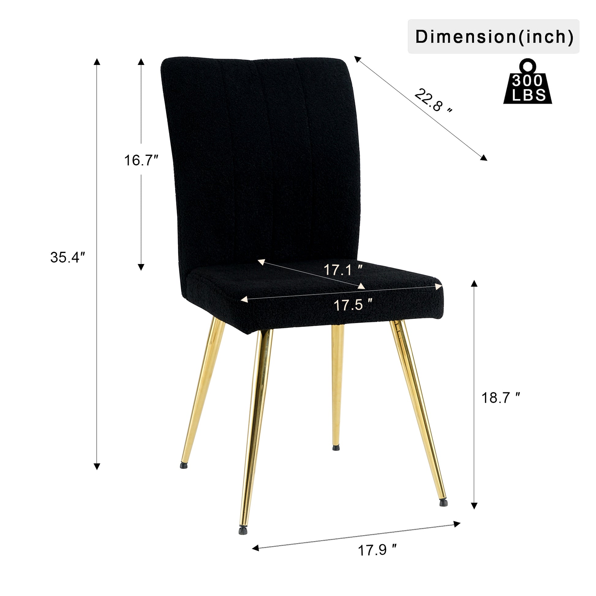 Modern Black Teddy Wool Dining Chair, Upholstered Chair With Fabric Accent Side Chair With Gold Plated Metal Legs For Family Furniture Living Room, Bedroom, Kitchen, Dining Room Set Of 4 Black Metal