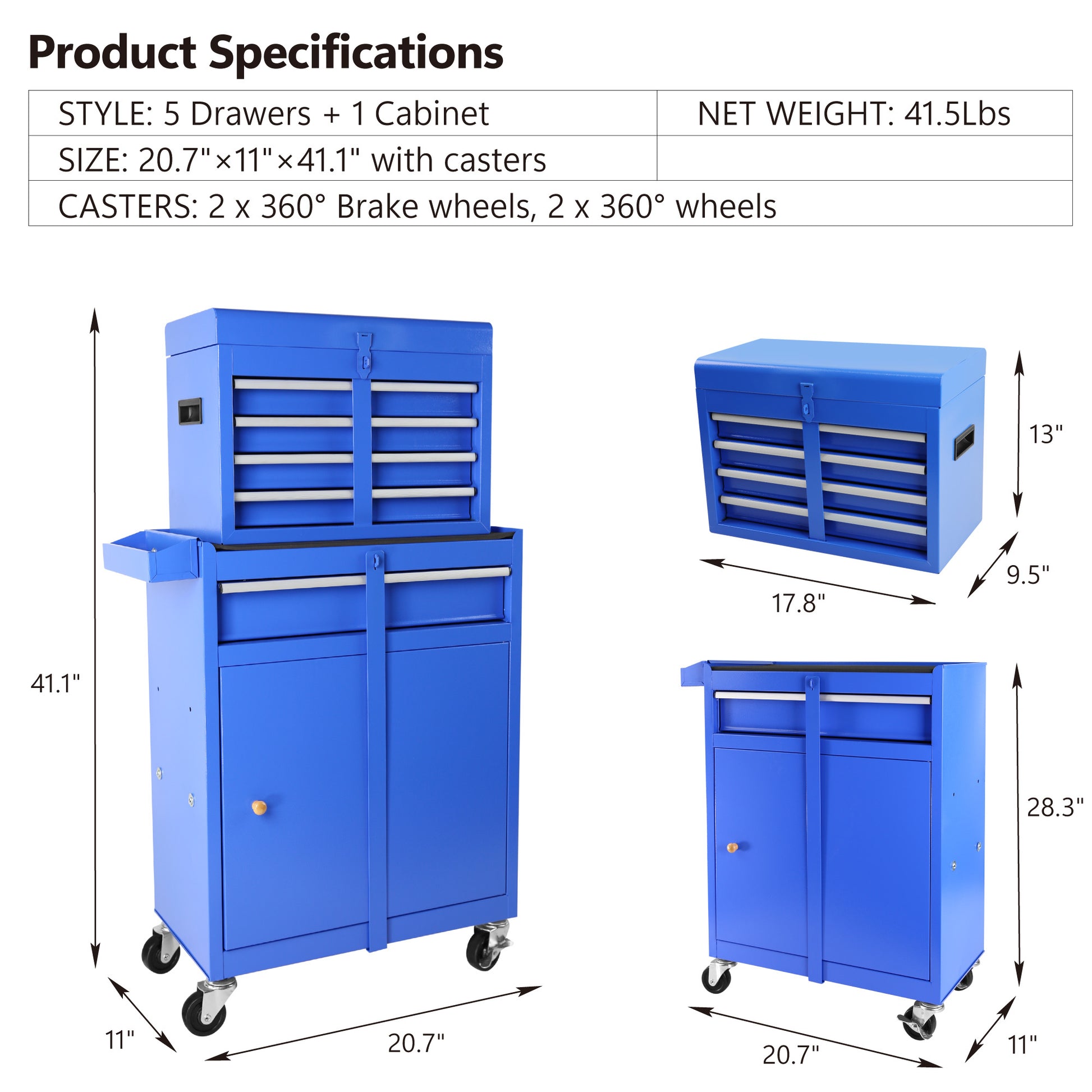 5 Drawer Rolling Tool Chest, High Capacity Tool Storage Cabinet W Lockable Wheels, Adjustable Shelf & Anti Slip Liner, Detachable Tool Box Organizer, Rolling Tool Cabinet Blue Steel