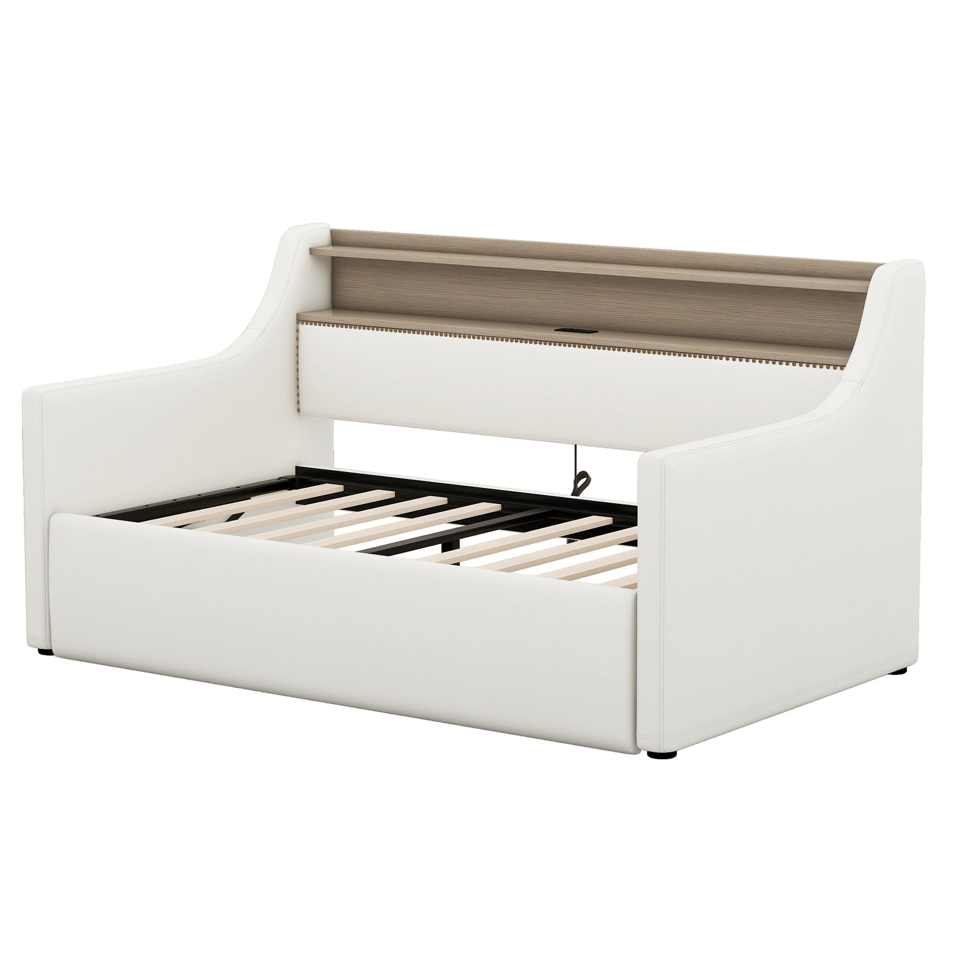 Twin Size Daybed With Hydraulic Storage, Upholstered Daybed With Lift Up Storage, Twin Leather Daybed With Charging Station And Led Lights,White Expect Arrival Date Feb.13Rd Twin White Pu Leather