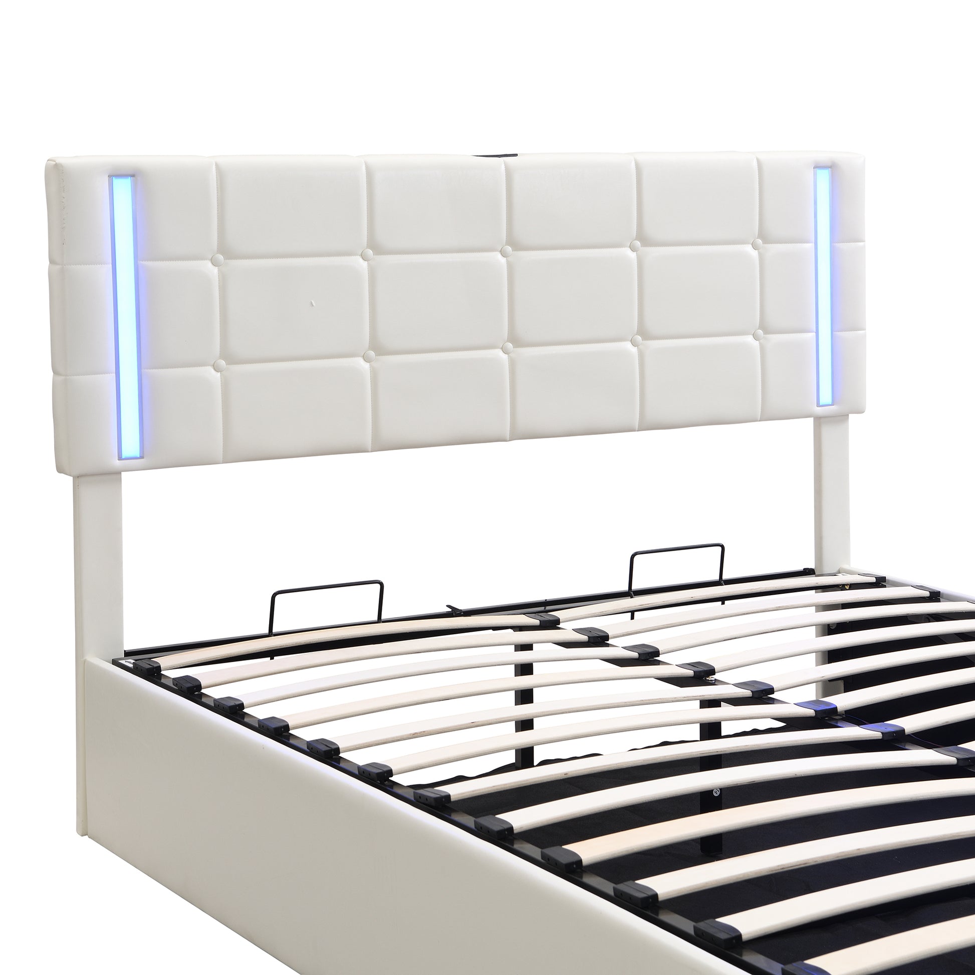 Queen Size Upholstered Bed With Led Lights,Hydraulic Storage System And Usb Charging Station,White White Pu