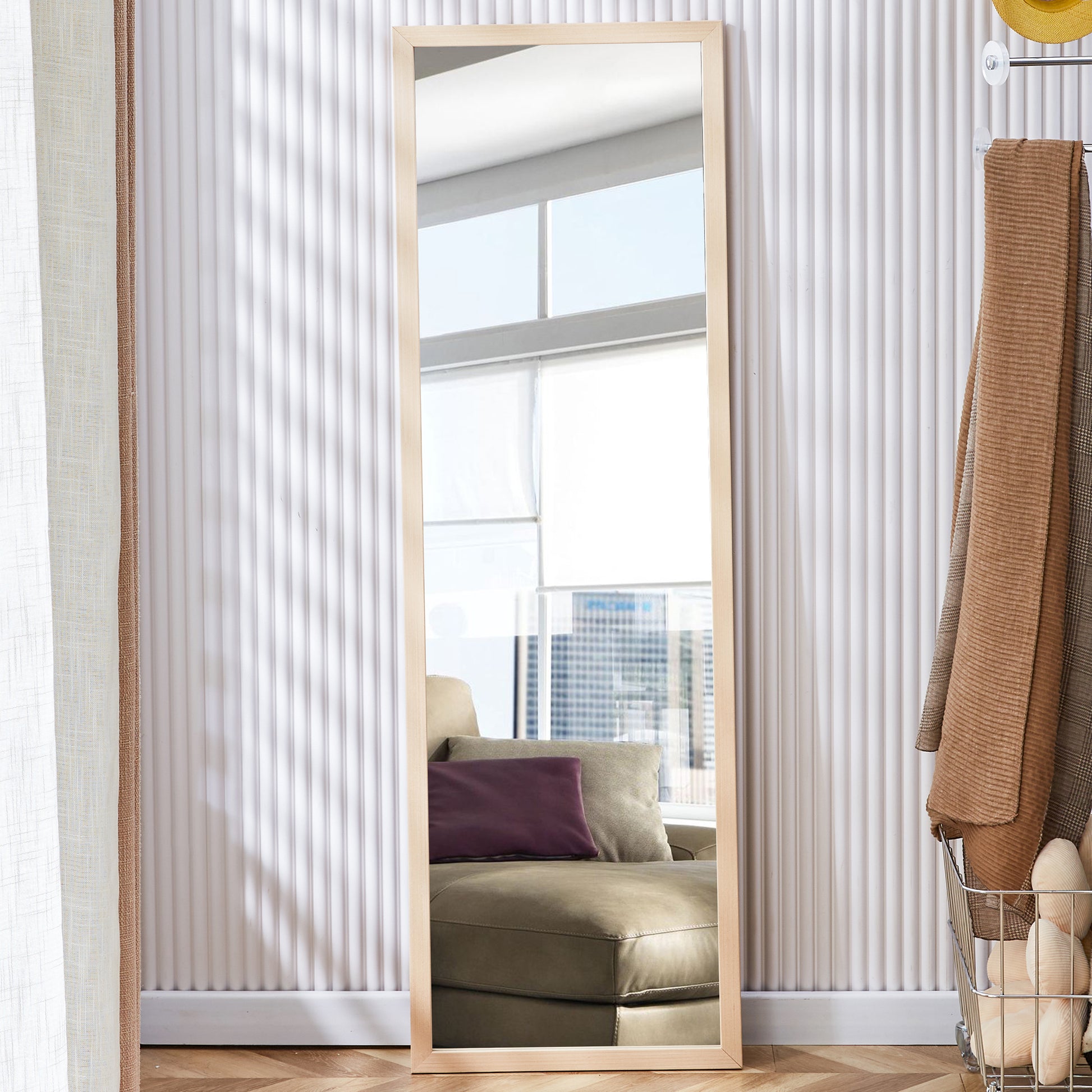 Third Generation Packaging Upgrade, Thickened Border, Full Length Mirror, Dressing Mirror, Bedroom Entrance, Decorative Mirror, Clothing Store, Mirror. 57.9"*18.1" Light Oak Solid Wood