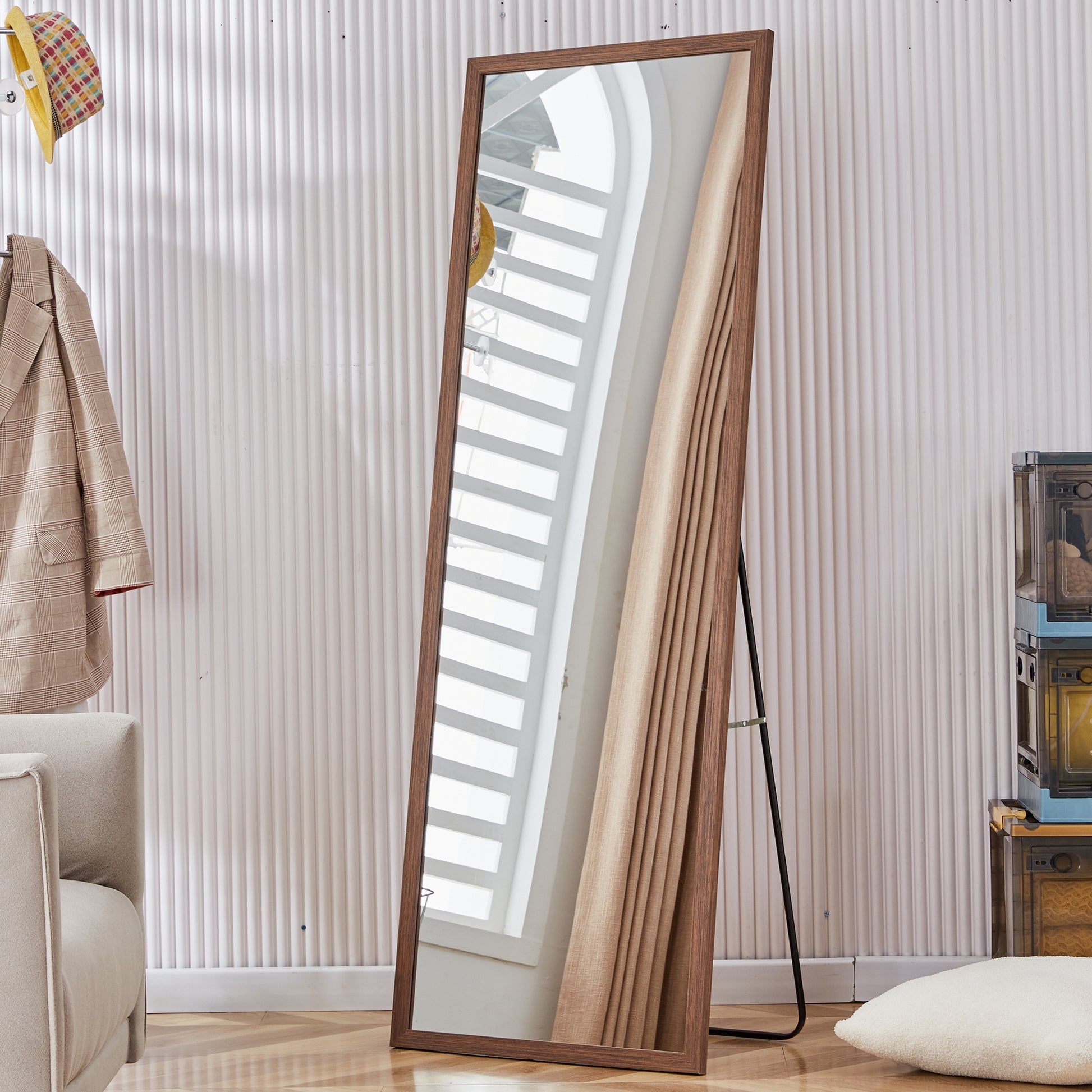 Third Generation Packaging Upgrade, Thickened Border, Brown Wood Grain Solid Wood Frame Full Length Mirror, Dressing Mirror, Bedroom Entrance, Decorative Mirror, And Floor Standing Mirror.65"*22.8" Brown Solid Wood