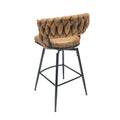 Technical Leather Woven Bar Stool Set Of 4,Black Legs Barstools No Adjustable Kitchen Island Chairs,360 Swivel Bar Stools Upholstered Bar Chair Counter Stool Arm Chairs With Back Footrest, Brown Metal Brown Kitchen Dining Chairs Foam Technical Leather