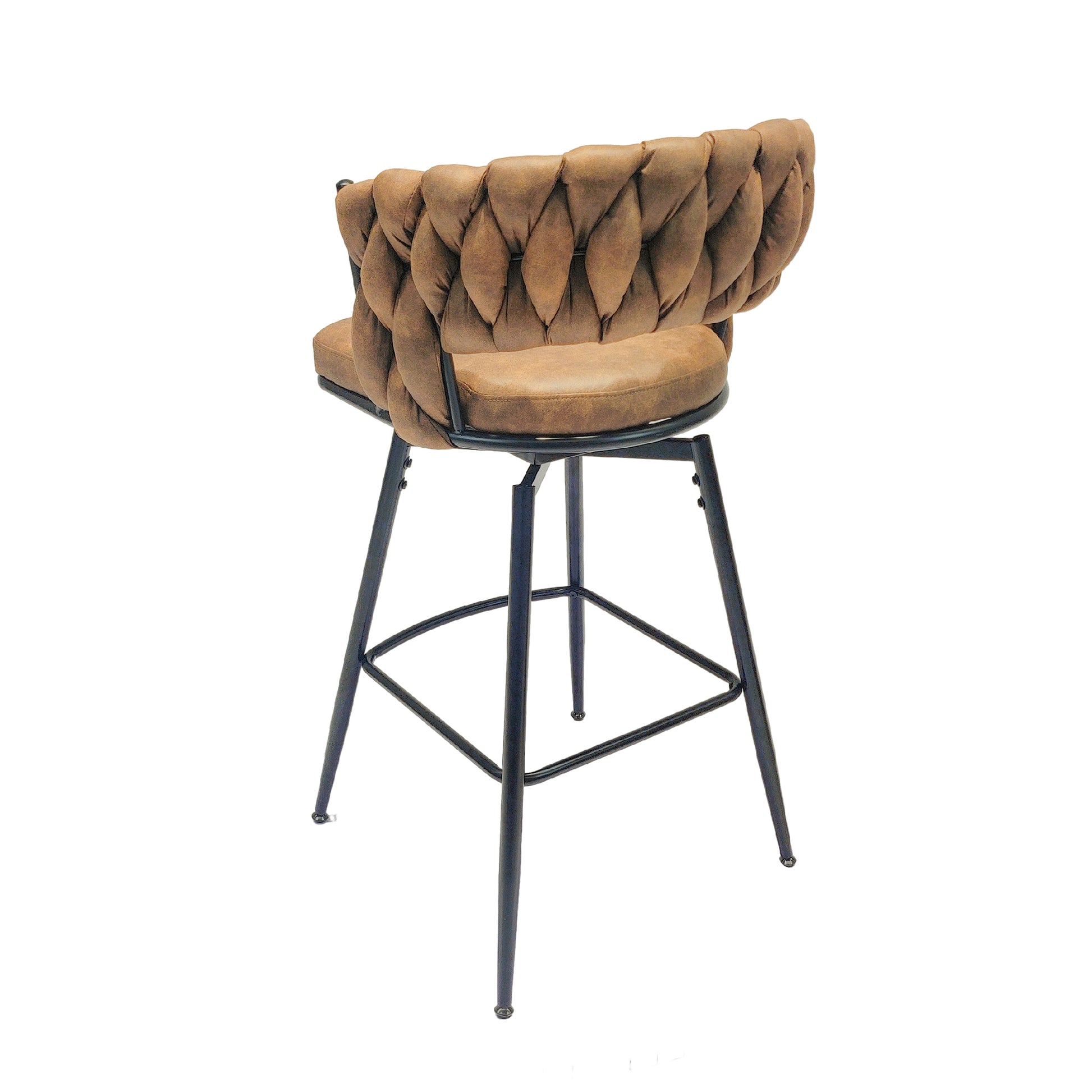 Technical Leather Woven Bar Stool Set Of 4,Black Legs Barstools No Adjustable Kitchen Island Chairs,360 Swivel Bar Stools Upholstered Bar Chair Counter Stool Arm Chairs With Back Footrest, Brown Metal Brown Kitchen Dining Chairs Foam Technical Leather