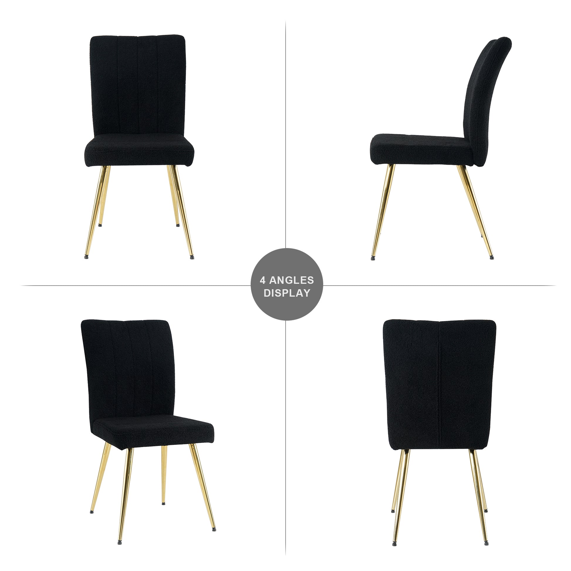 Modern Black Teddy Wool Dining Chair, Upholstered Chair With Fabric Accent Side Chair With Gold Plated Metal Legs For Family Furniture Living Room, Bedroom, Kitchen, Dining Room Set Of 4 Black Metal