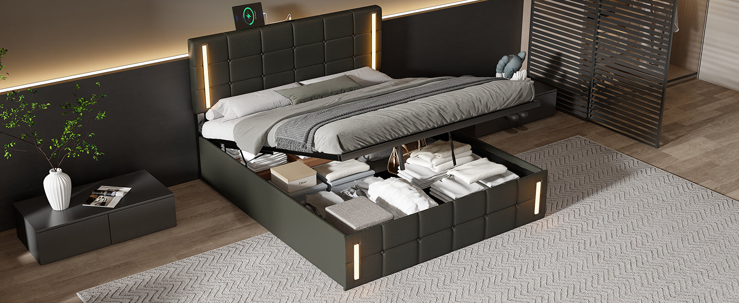 Queen Size Upholstered Bed With Led Lights,Hydraulic Storage System And Usb Charging Station,Black Black Pu