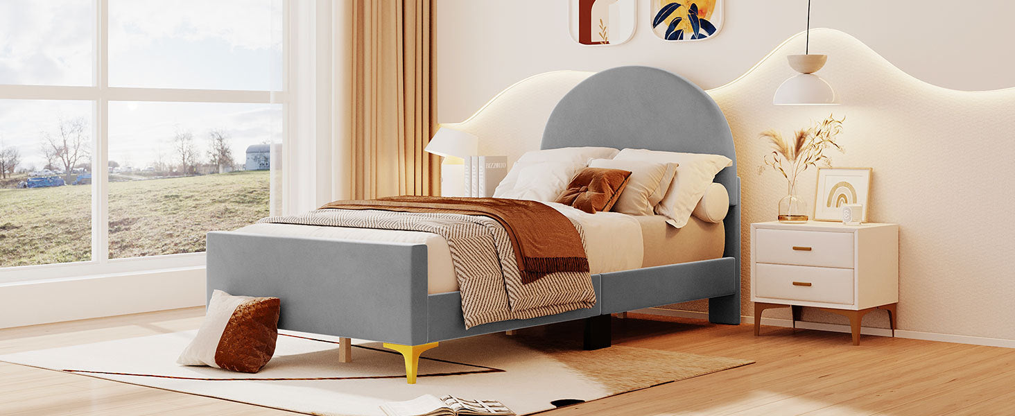 Twin Size Upholstered Platform Bed with Classic Semi gray-velvet