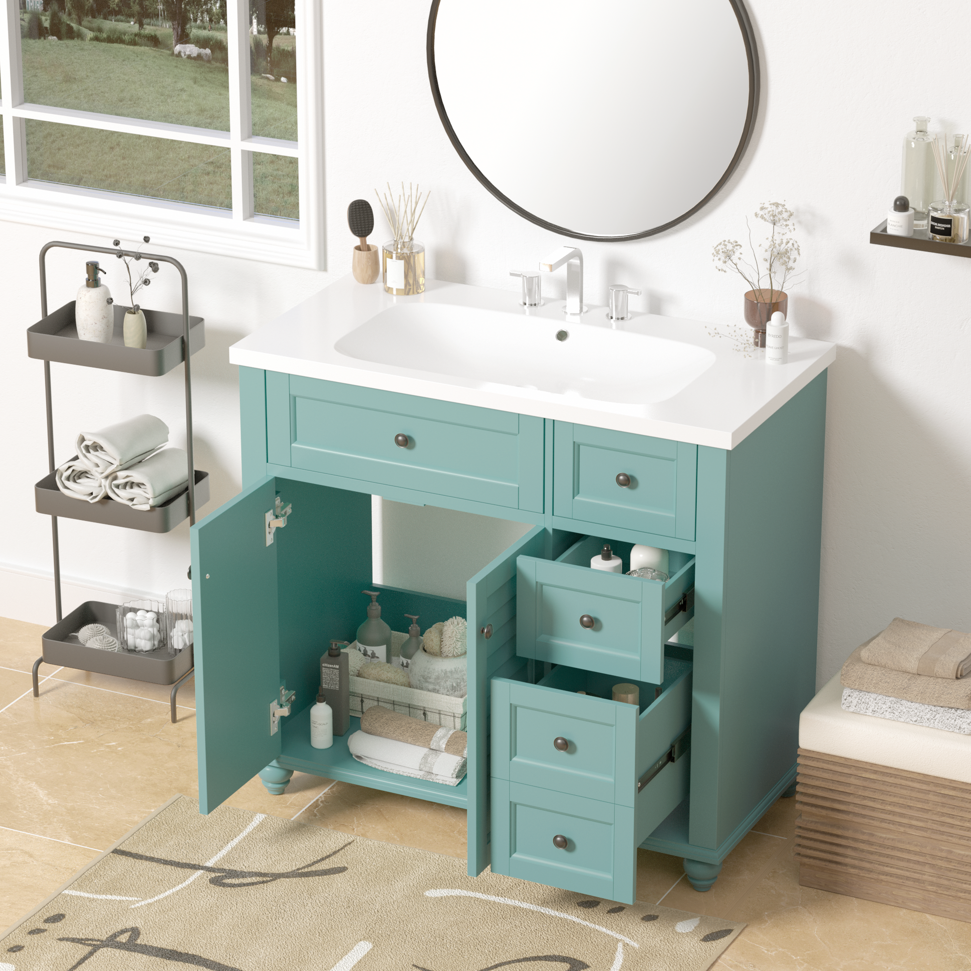 36'' Bathroom Vanity With Undermount Sink,Free Standing Vanity Set With 2 Drawers& Soft Closing Doors,Solid Wood Frame Bathroom Storage Cabinet 2 Blue Green 2 1 Soft Close Doors Bathroom Freestanding Solid Wood Mdf Resin Painted