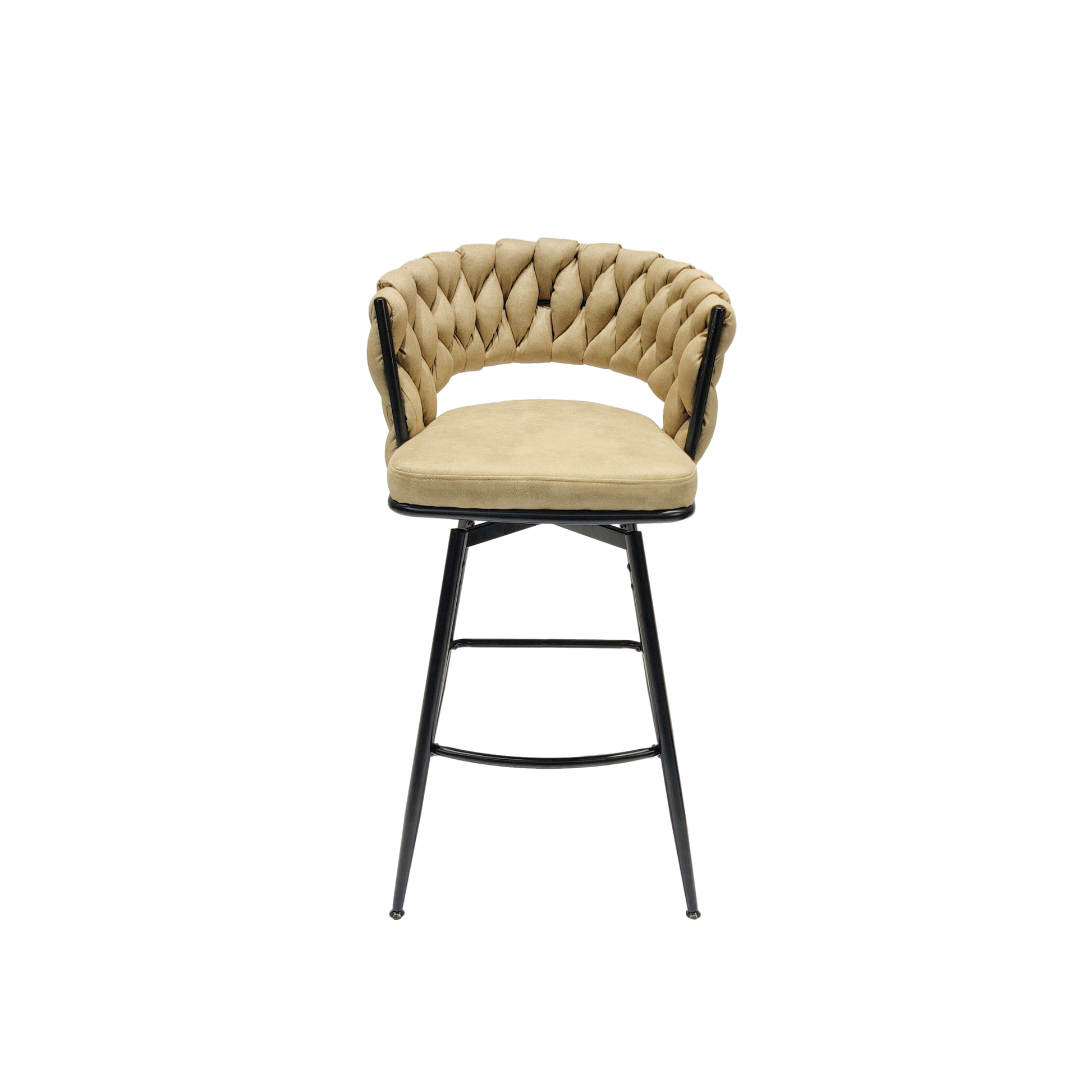 Technical Leather Woven Bar Stool Set Of 2,Black Legs Barstools No Adjustable Kitchen Island Chairs,360 Swivel Bar Stools Upholstered Counter Stool Arm Chairs With Back Footrest, Light Brown Metal Light Brown Kitchen Dining Chairs Foam Technical Leather