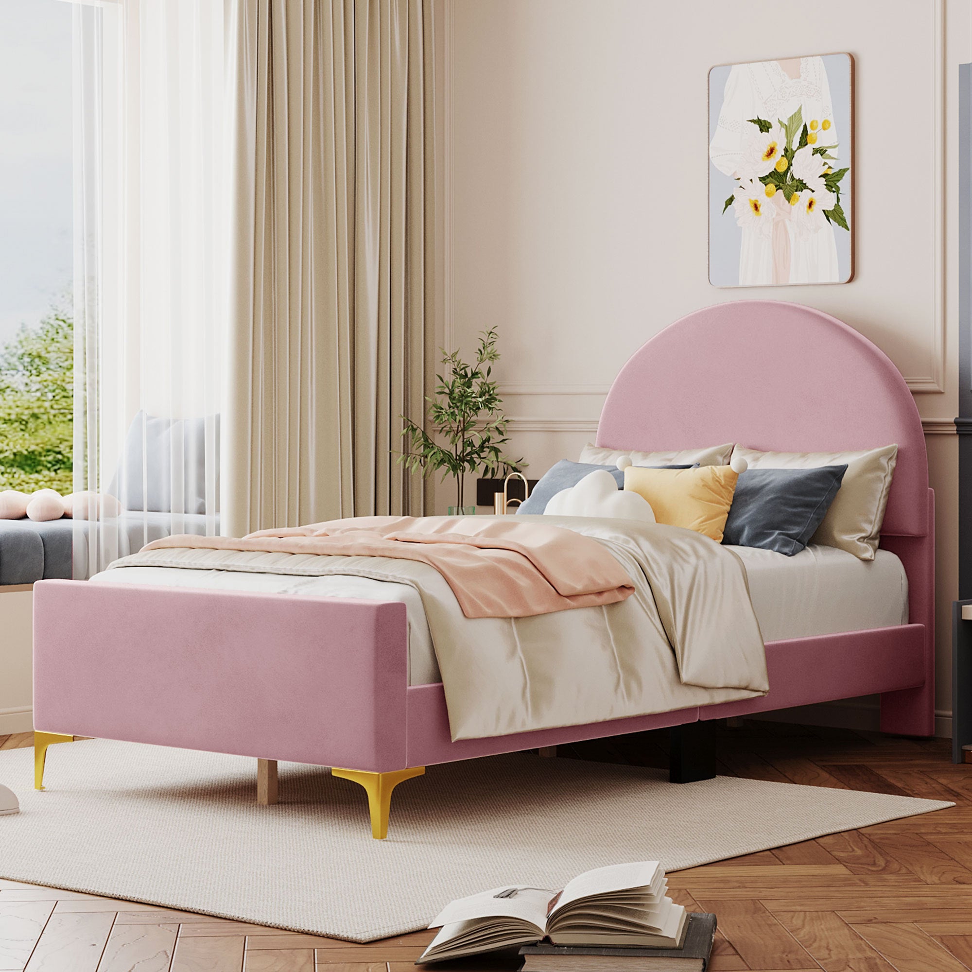 Twin Size Upholstered Platform Bed with Classic Semi pink-velvet