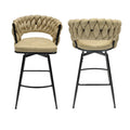 Technical Leather Woven Bar Stool Set Of 2,Black Legs Barstools No Adjustable Kitchen Island Chairs,360 Swivel Bar Stools Upholstered Counter Stool Arm Chairs With Back Footrest, Light Brown Metal Light Brown Kitchen Dining Chairs Foam Technical Leather