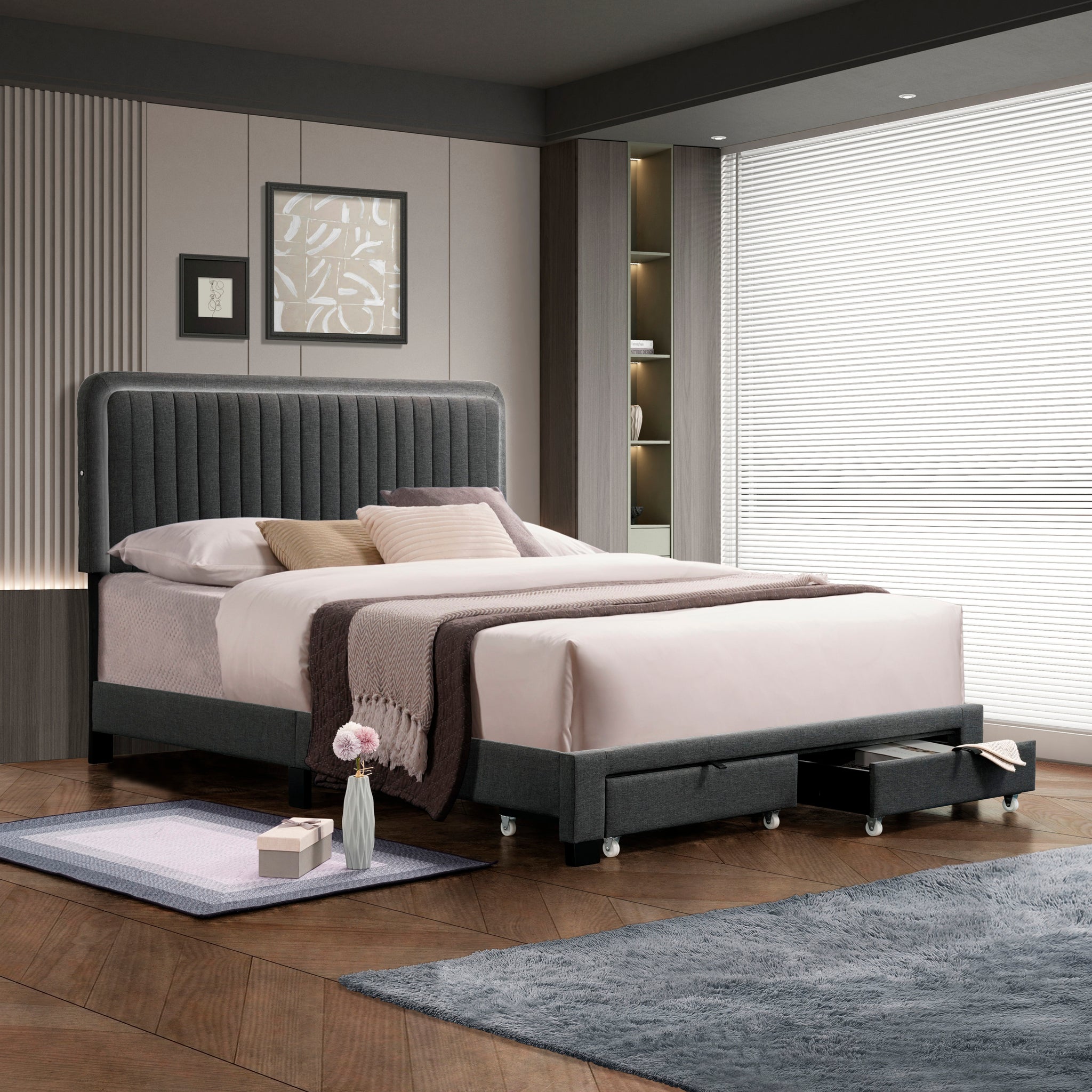 Queen Size Upholstered Bed With Adjustable Height Mattress 10 To 14 Inches Led Design With Footboard Drawers Storage No Box Spring Required Dark Gray Box Spring Not Required Queen Gray Wood Espresso Bedroom Casual,Modern Rubberwood Adjustable Bedbase