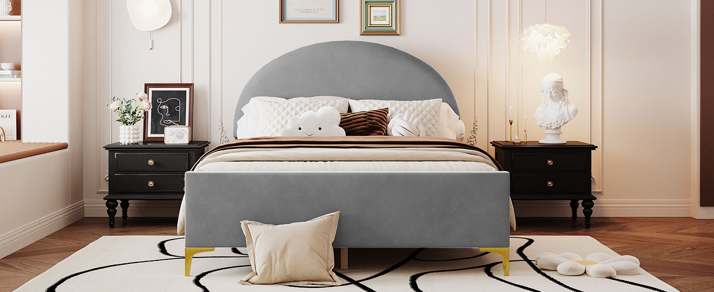 Full Size Upholstered Platform Bed With Classic Semi Circle Shaped Headboard And Mental Legs, Velvet, Gray Gray Velvet